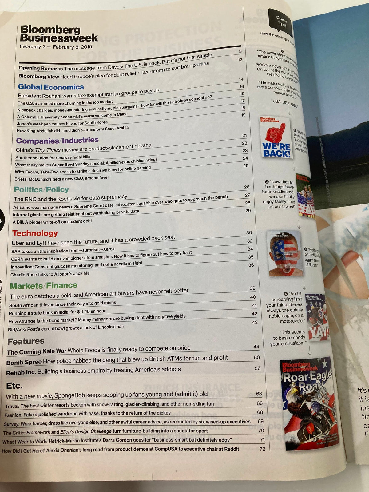 Interior page from Bloomberg Businessweek Magazine, February 2, 2015, featuring articles and sections on global economics, politics, technology, financial markets, and more, showcasing what the U.S. got right.