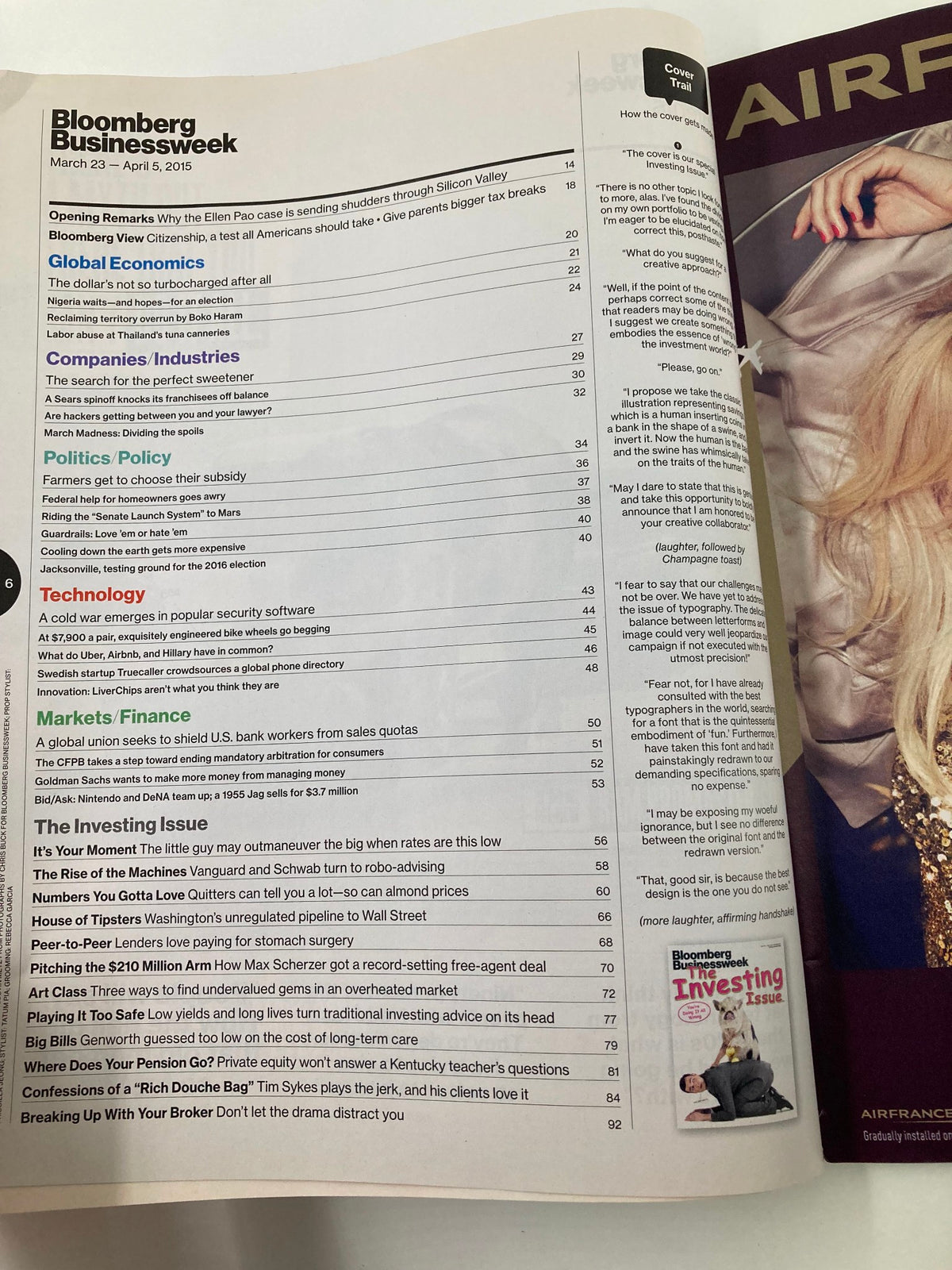Inside page of Bloomberg Businessweek Magazine March 23 2015 The Investing Issue showcasing the table of contents with topics like Global Economics, Politics, Technology, and Personal Finance.