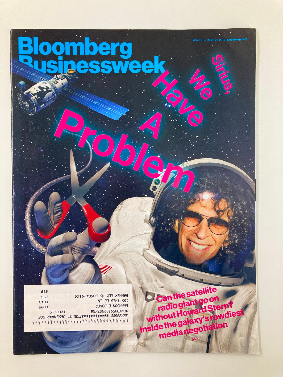 Bloomberg Businessweek magazine cover from March 16, 2015, featuring the title 'Sirius, We Have A Problem' with an illustration of a man in an astronaut suit alongside space-themed graphics.