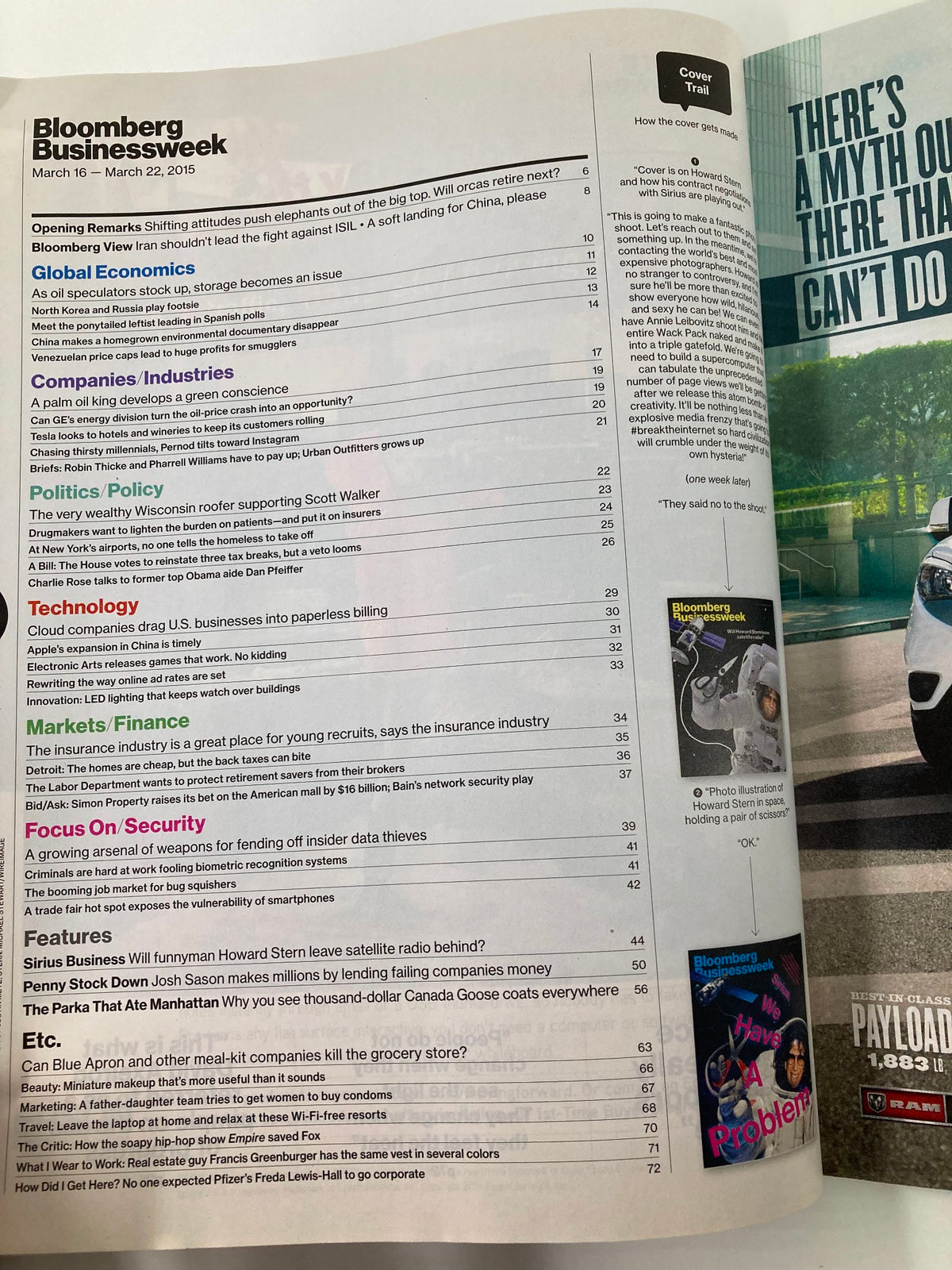 Inside page of the March 16, 2015 issue of Bloomberg Businessweek magazine, showcasing the table of contents and article listings relevant to the issue.