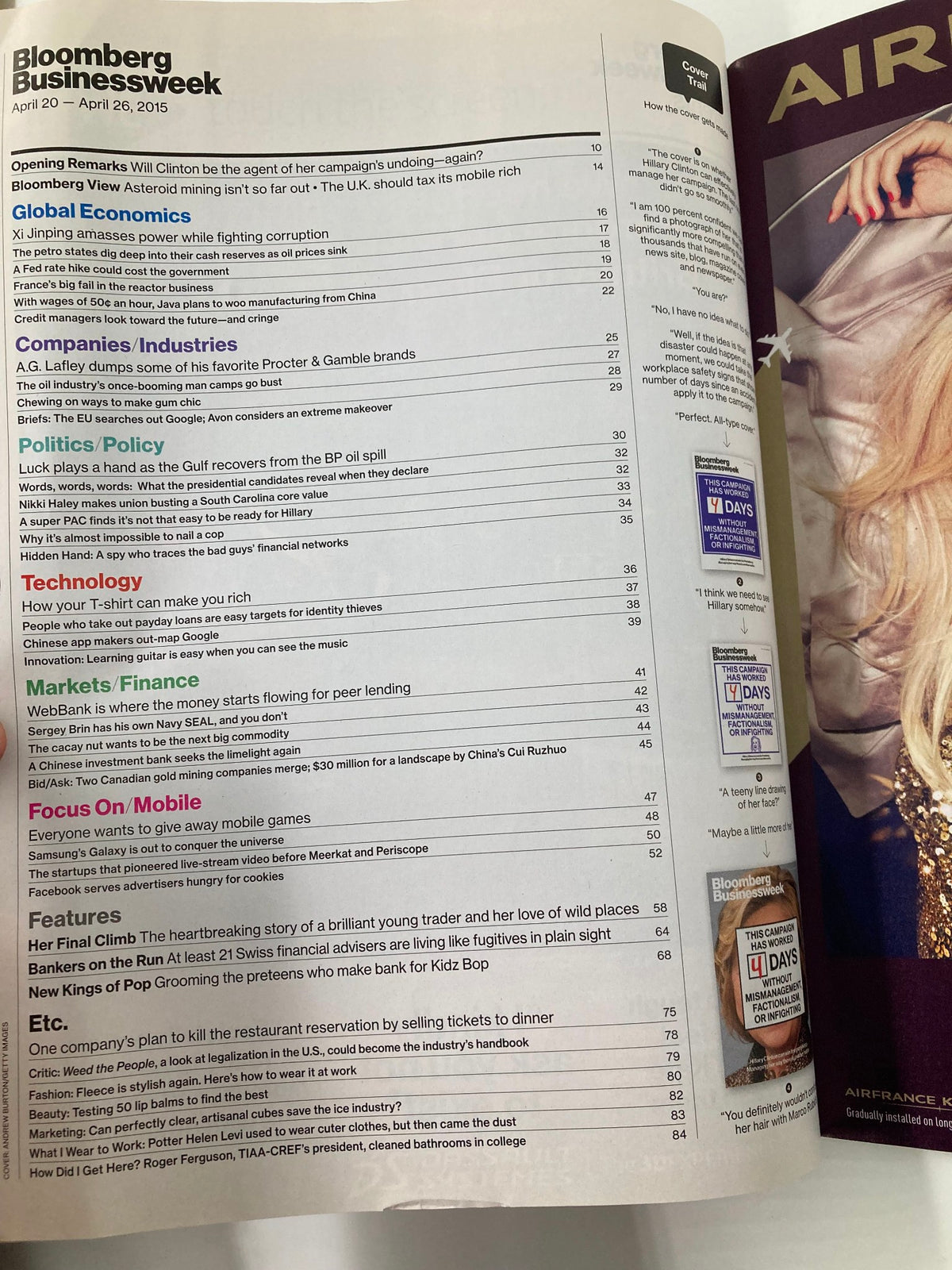 Inside page of Bloomberg Businessweek magazine April 20, 2015, showcasing the table of contents with various articles, including insights into politics and economics during the 2016 presidential campaign.