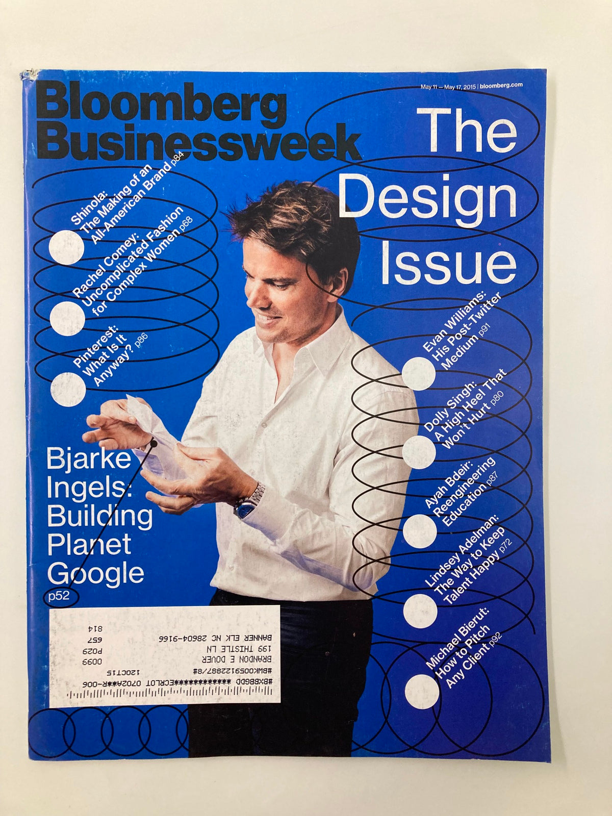 Cover of Bloomberg Businessweek Magazine dated May 11, 2015, featuring Bjarke Ingels and the article 'Building Planet Google' highlighting modern architecture's impact on design.