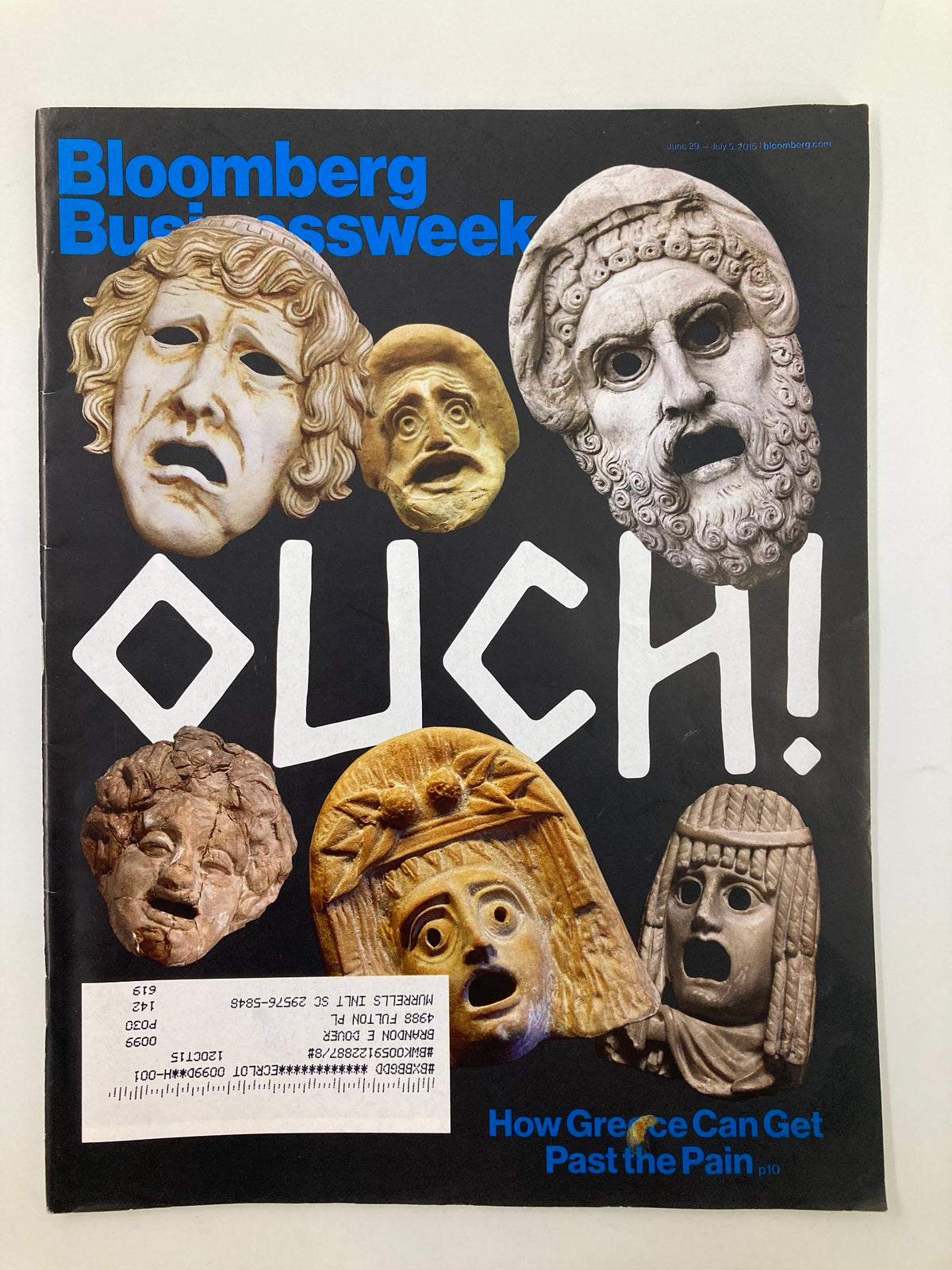 Bloomberg Businessweek Magazine cover from June 29, 2015, featuring the title 'How Greece Can Get Past The Pain'. The cover visually depicts dramatic faces and sculptures, symbolizing the emotional and economic turmoil during the Greek financial crisis.