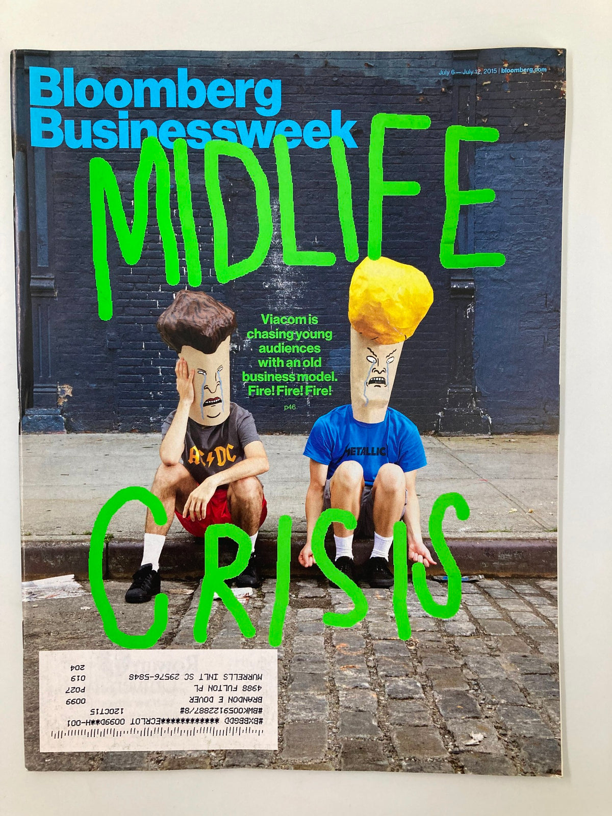 Bloomberg Businessweek Magazine cover July 6, 2015 featuring the title 'Midlife Crisis'. The cover illustrates Viacom's pursuit of young audiences with bold graphics and stylized characters, highlighting themes of media and entertainment.