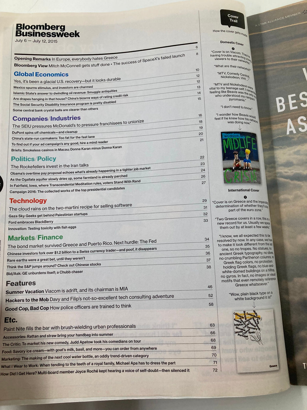 Bloomberg Businessweek Magazine inside page from July 6, 2015 issue, displaying the table of contents. The page outlines articles, including those on Viacom, market trends, and other key insights related to the magazine's exploration of the media landscape.