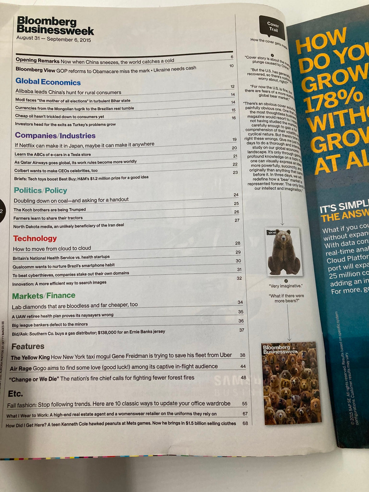 Table of contents from Bloomberg Businessweek Magazine August 31, 2015, detailing articles on economics, business topics, and the cover story 'What If There Were More Bears?'.