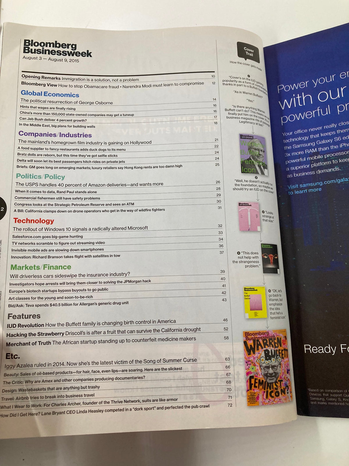 Inside page of Bloomberg Businessweek Magazine August 3 2015, displaying articles and content related to Warren Buffett and feminist themes, alongside additional magazine features.