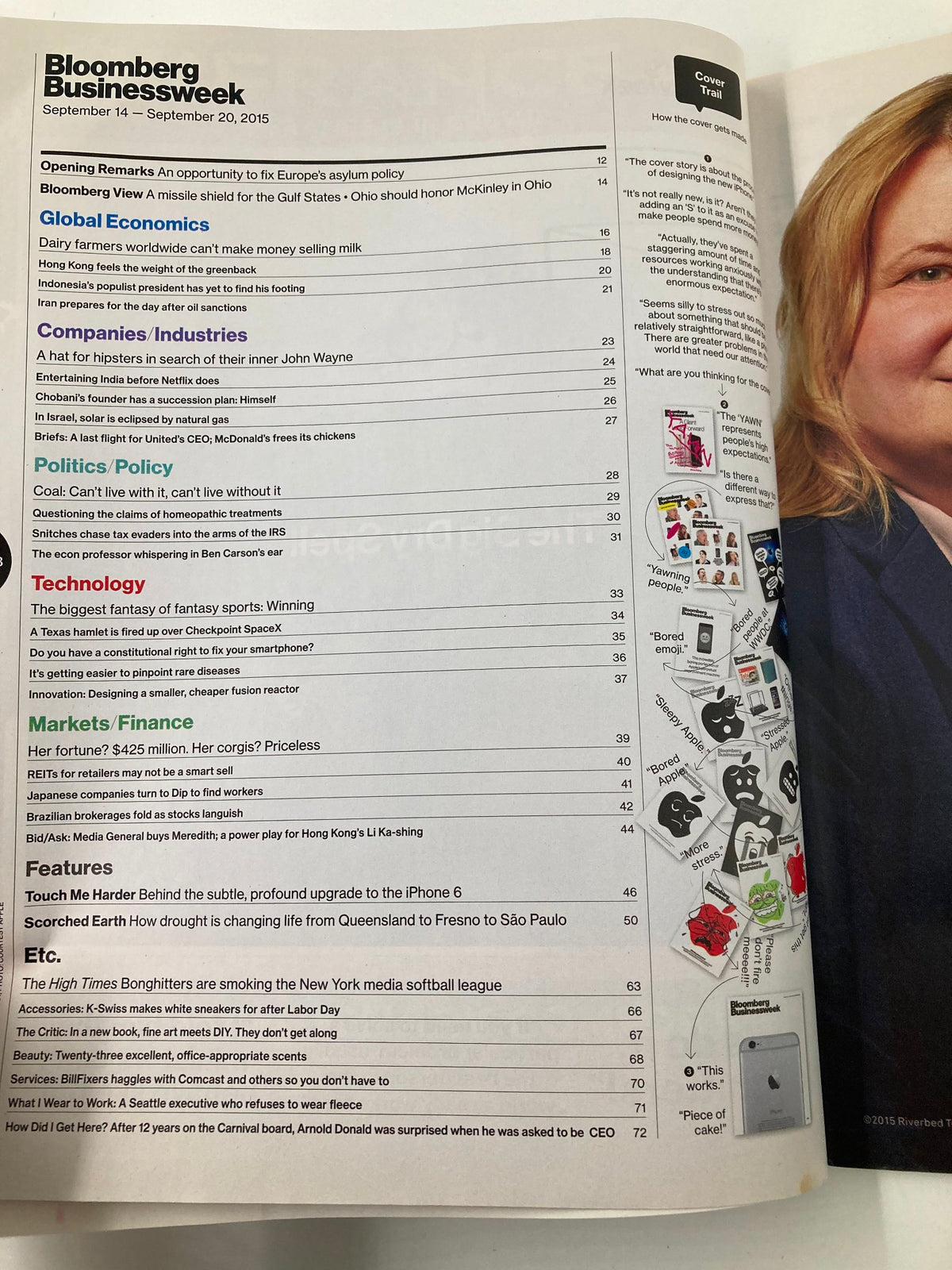 Interior page of Bloomberg Businessweek Magazine from September 14, 2015, highlighting various articles and insights, including features on technology and design, relevant to 'Designing The New iPhone'.