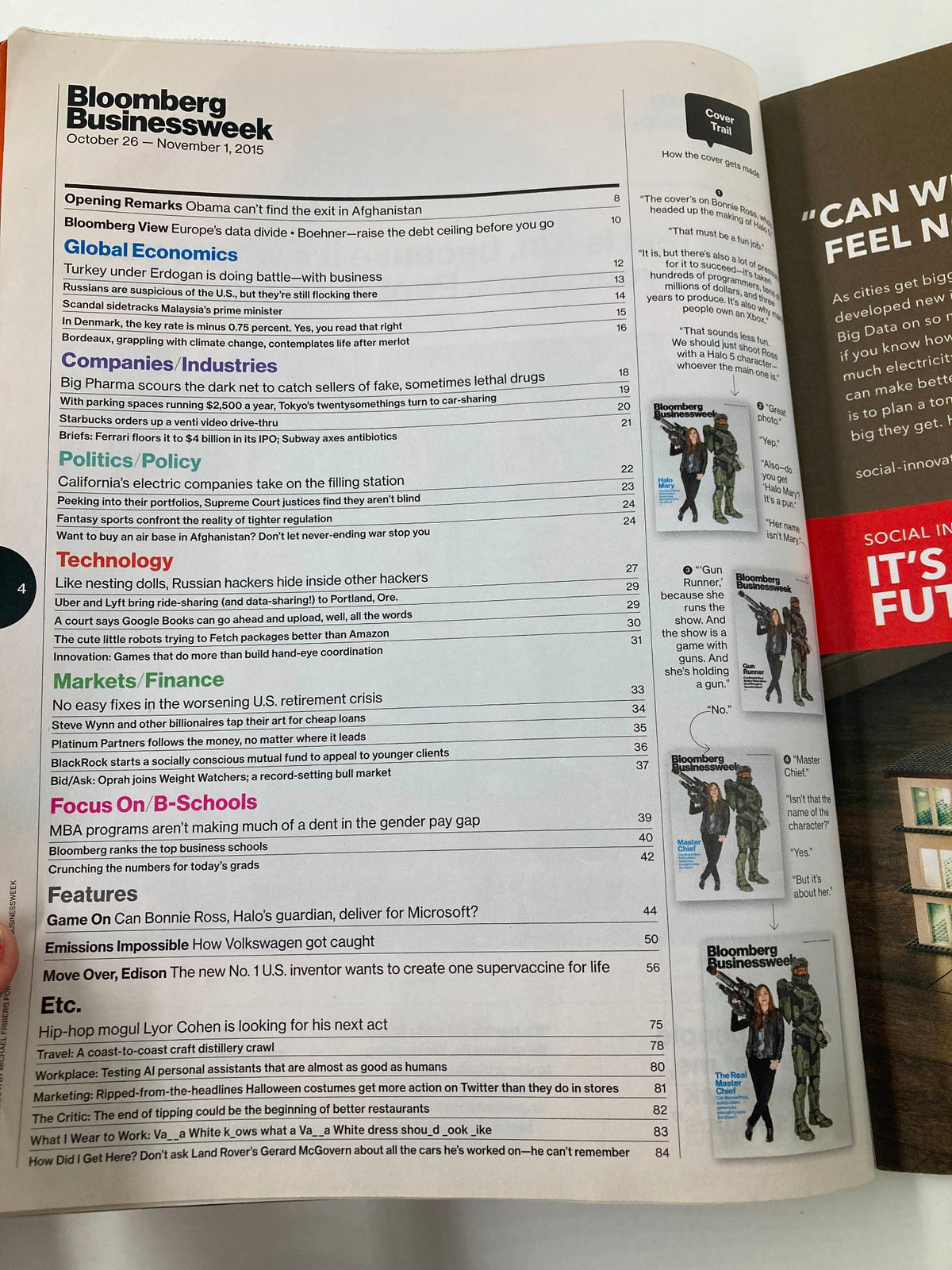 Inside page of Bloomberg Businessweek magazine from October 26, 2015, showcasing the table of contents with articles related to gaming and business, including the feature story 'Can Bonnie Ross Save The Xbox?'. This page provides insights into the magazine's focus on technology and corporate strategies.