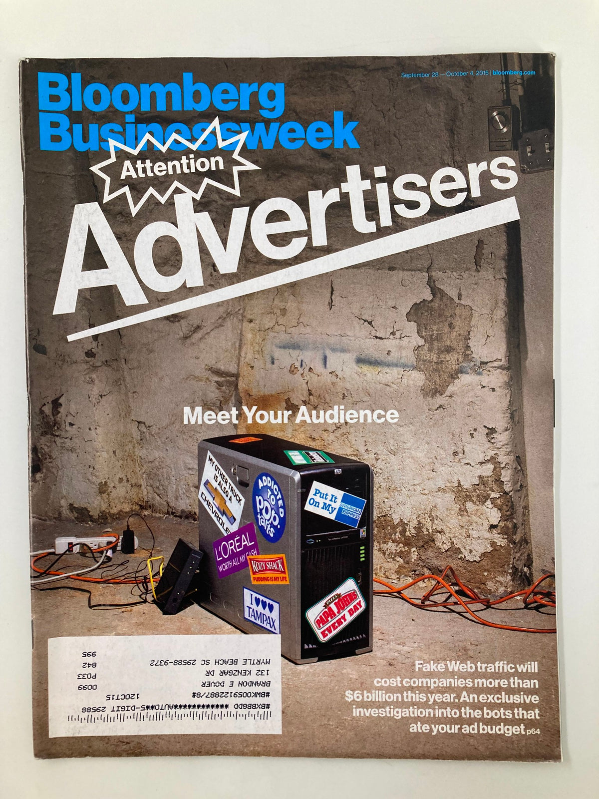 Bloomberg Businessweek Magazine cover from September 28, 2015, titled 'Attention Advertisers', discussing the impacts of fake web traffic on audience measurement.