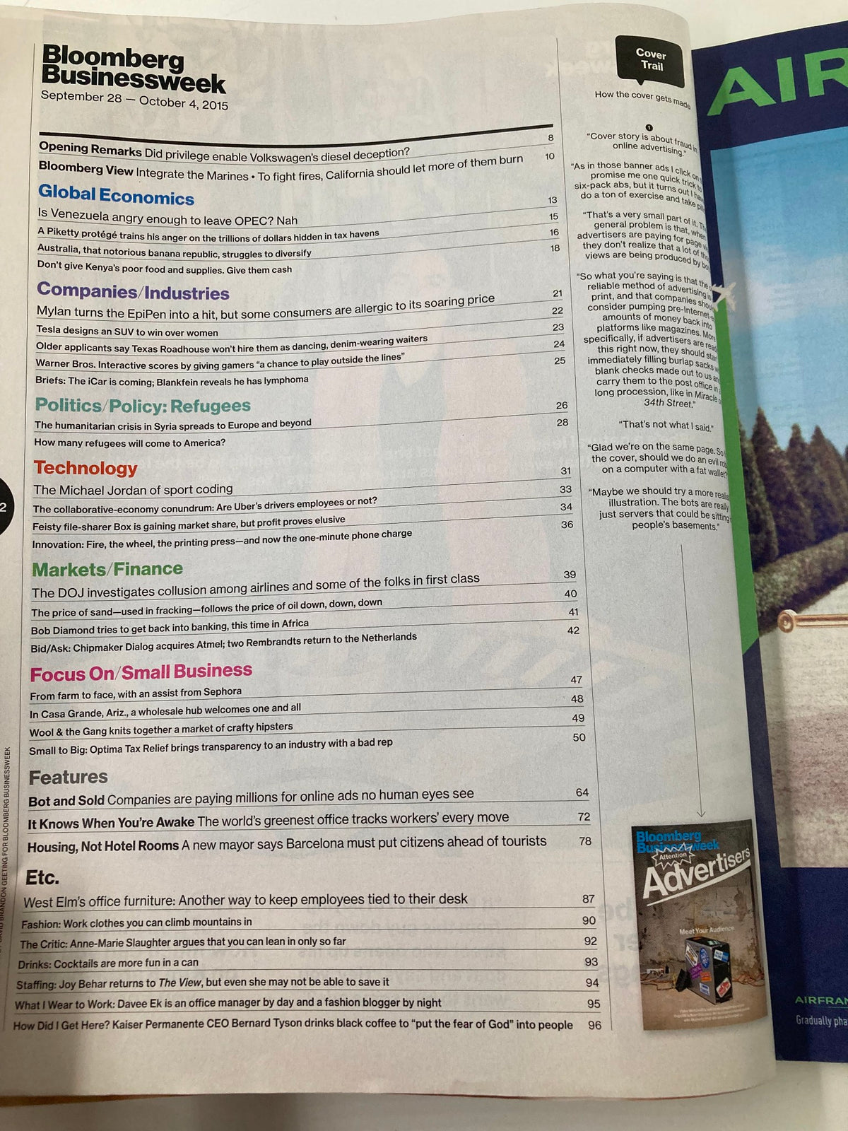 Interior page of Bloomberg Businessweek Magazine dated September 28, 2015, featuring contents listing, including articles on politics, small business, and advertising strategies.