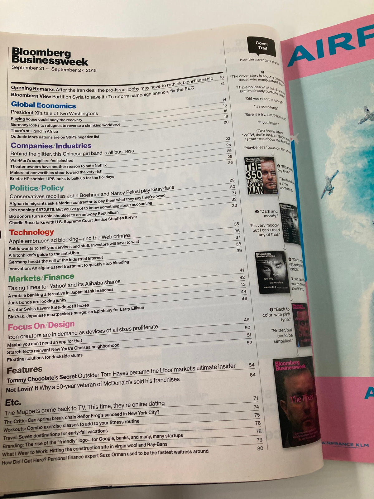 Inside page of Bloomberg Businessweek Magazine from September 21, 2015, showcasing the table of contents, including articles related to Tom Hayes and the Libor scandal.