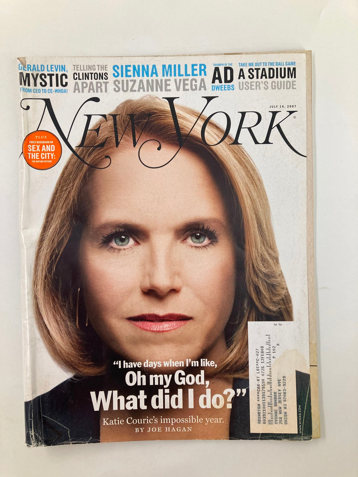 Cover of New York Magazine, July 16, 2007, featuring Katie Couric's Impossible Year by Joe Hagan with her striking portrait and headline 'I have days when I'm like, Oh my God, What did I do?'.