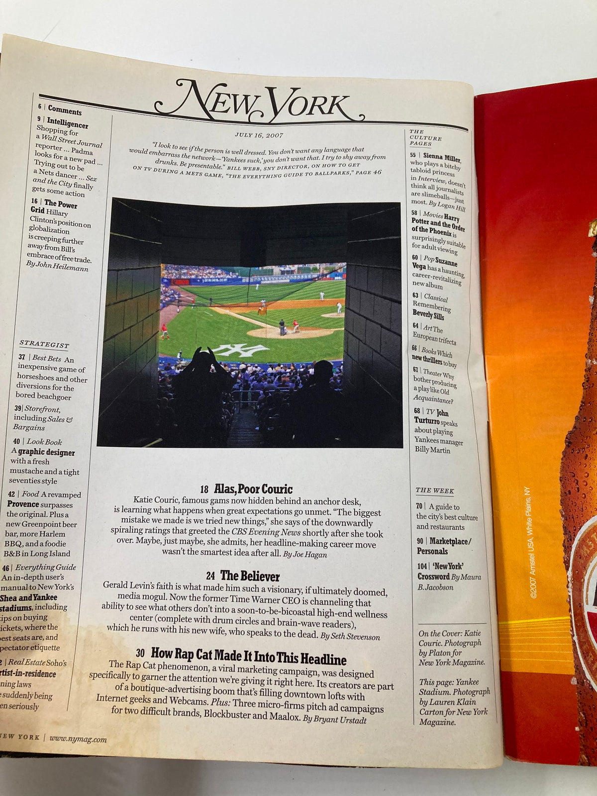 Interior page of New York Magazine, July 16, 2007, containing an article related to Katie Couric's Impossible Year, with commentary on media and culture during that period.