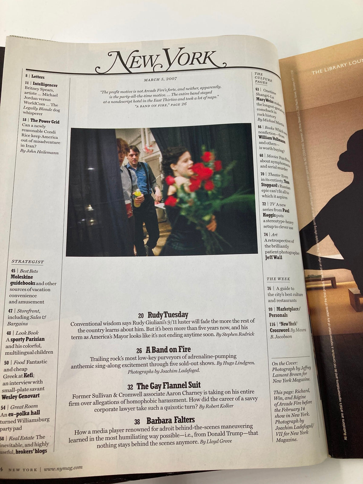 Interior page of New York Magazine March 5 2007 displaying articles including 'Rudy Tuesday' and 'The Gay Planned Study,' reflecting the political landscape discussed in the issue 'What America Sees In Rudy' by Stephen Rodrick.