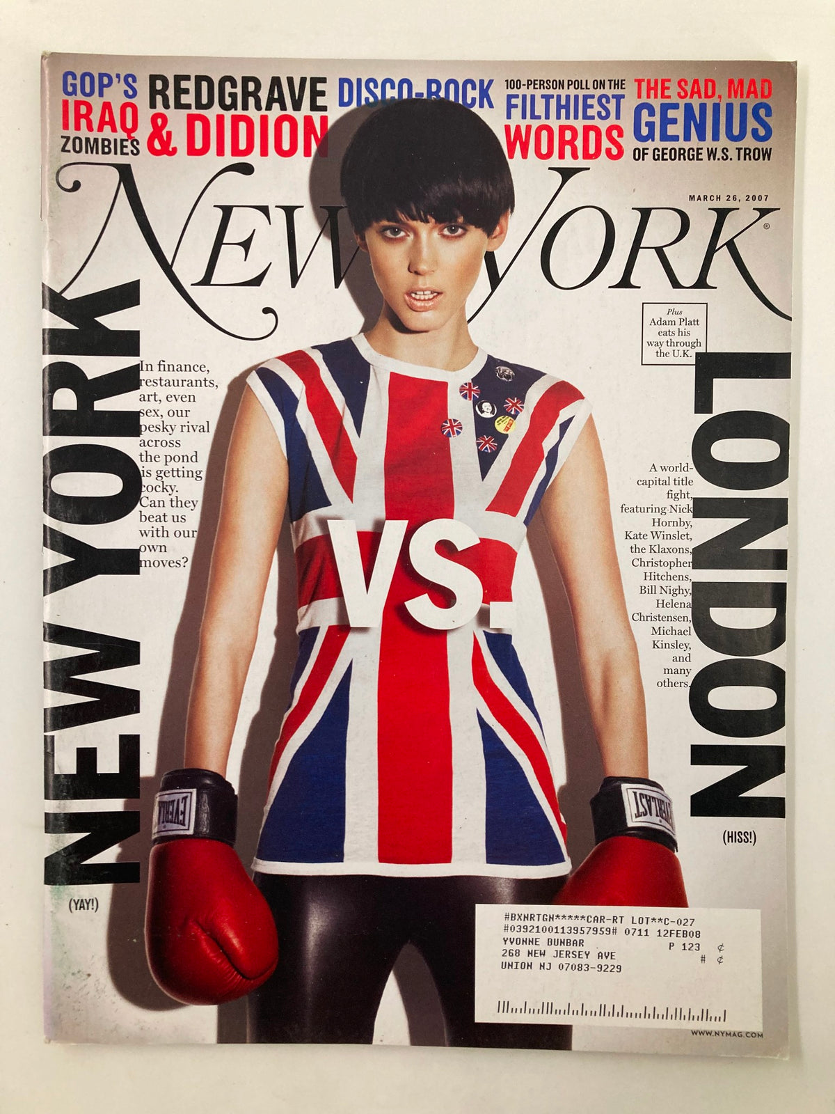 Cover of New York Magazine March 26, 2007 featuring a model in a British flag design outfit, symbolizing cultural dialogue between New York and London.