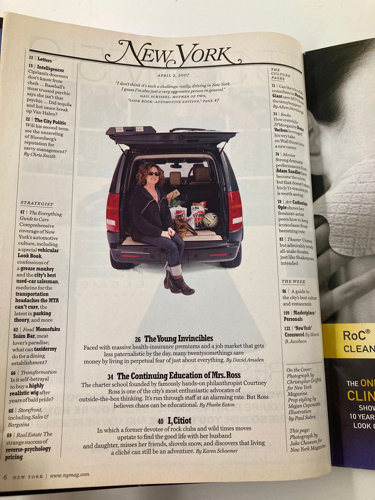 Image from New York Magazine, April 2, 2007, featuring the article 'The Young and Uninsured' by David Amsden, showcasing a woman sitting in the back of an SUV surrounded by bags of snacks, illustrating the challenges young adults face with health insurance.