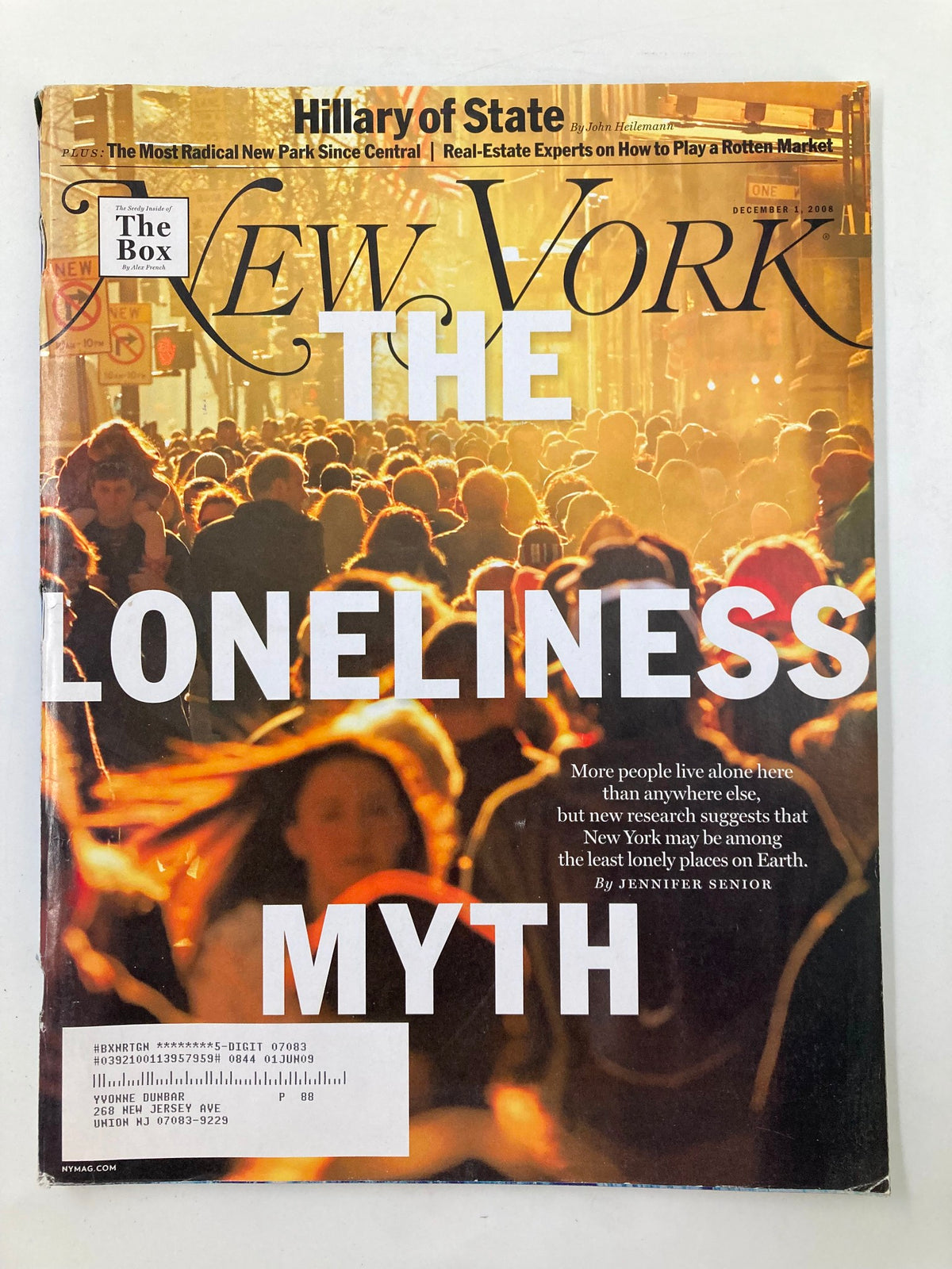 Cover of New York Magazine from December 1, 2008, featuring the title 'The Loneliness Myth: More People Live Alone' with a crowd of people, illustrating the theme of solitude in modern society.