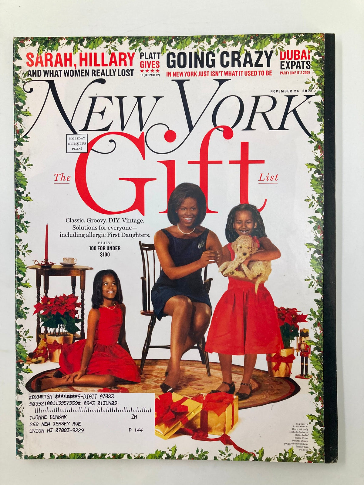 New York Magazine from November 24, 2008, featuring Michelle Obama and her daughters on the cover, showcasing a heartwarming family moment during the early years of the Obama administration.