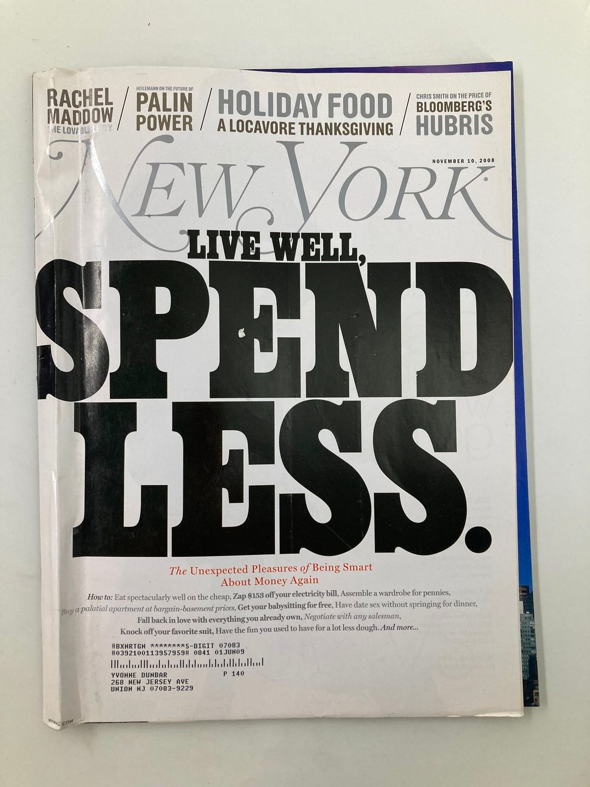 Cover of New York Magazine November 10, 2008, featuring the title 'The Unexpected Pleasures of Being Smart' with a bold 'SPEND LESS' headline.