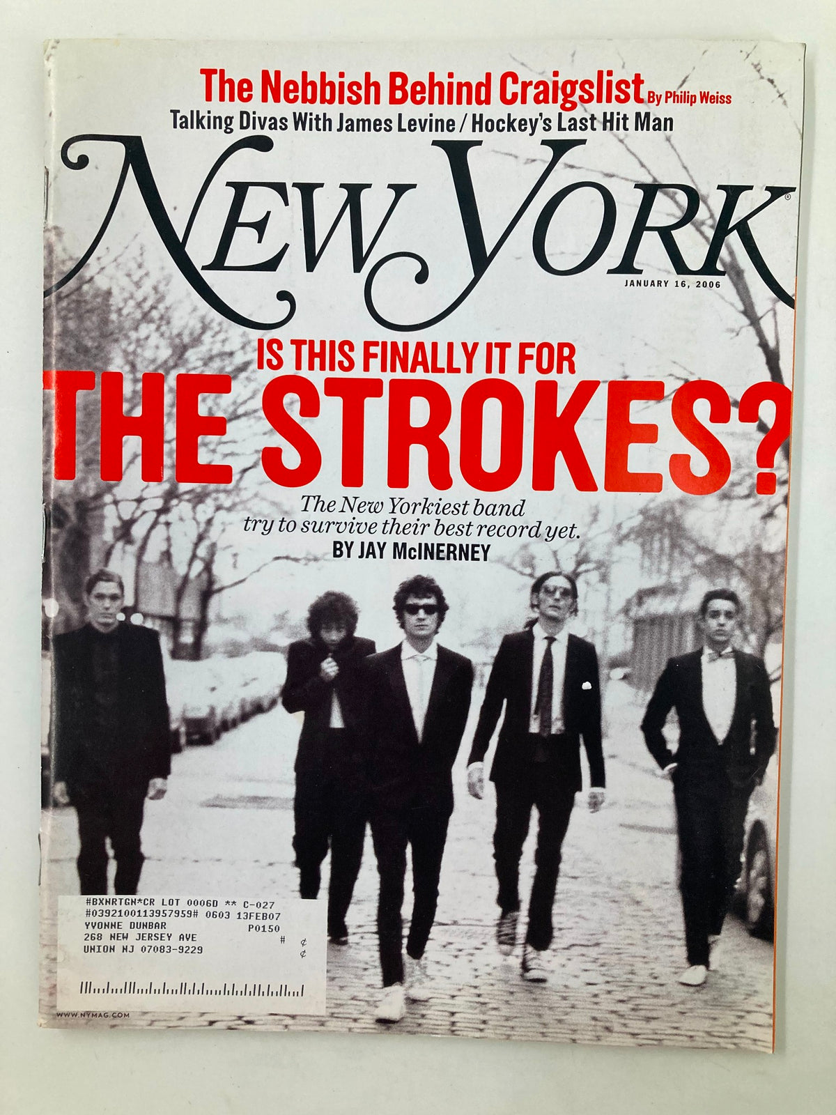 Cover of New York Magazine from January 16, 2006, featuring the title 'Is This Finally It For The Strokes?' with an image of five band members walking on a city street, representing the influential band The Strokes.