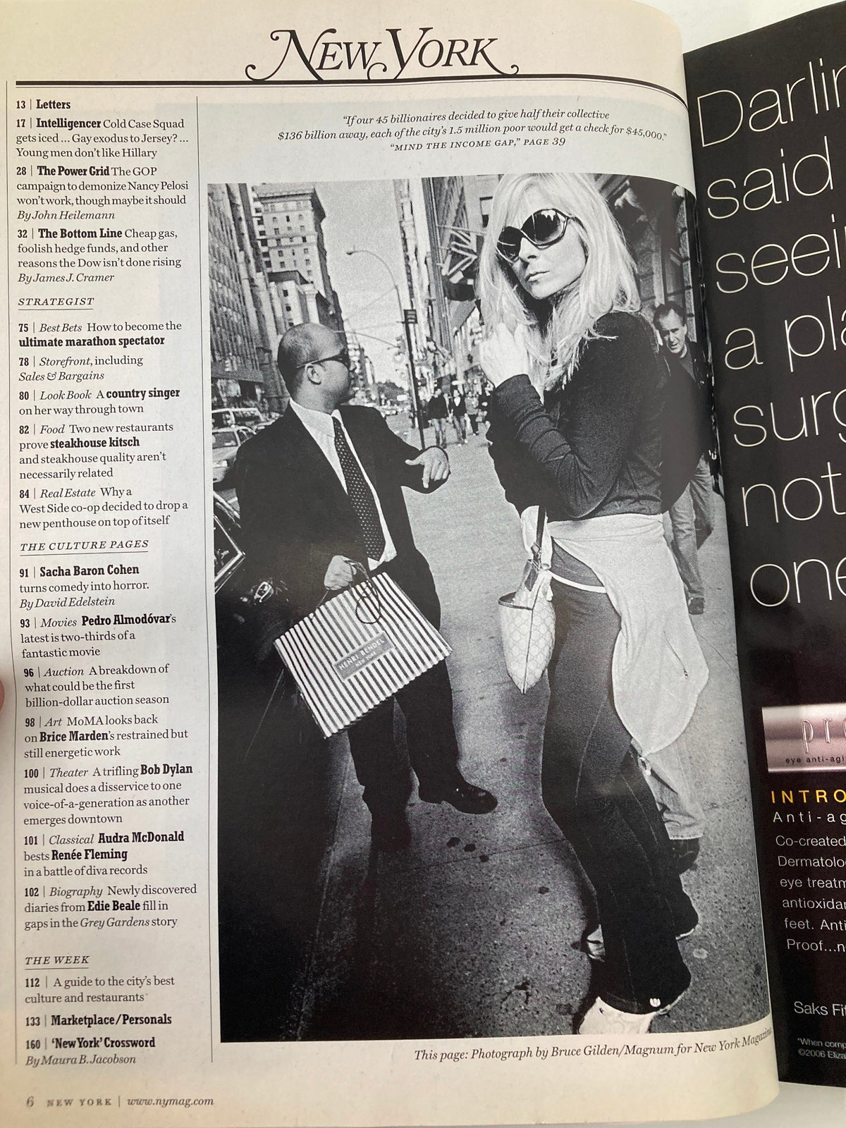 Inside page of New York Magazine, November 6, 2006, showcasing a black and white photograph of a woman on the streets, part of the issue focusing on the economic journey of individuals transitioning from wealth to hardship.