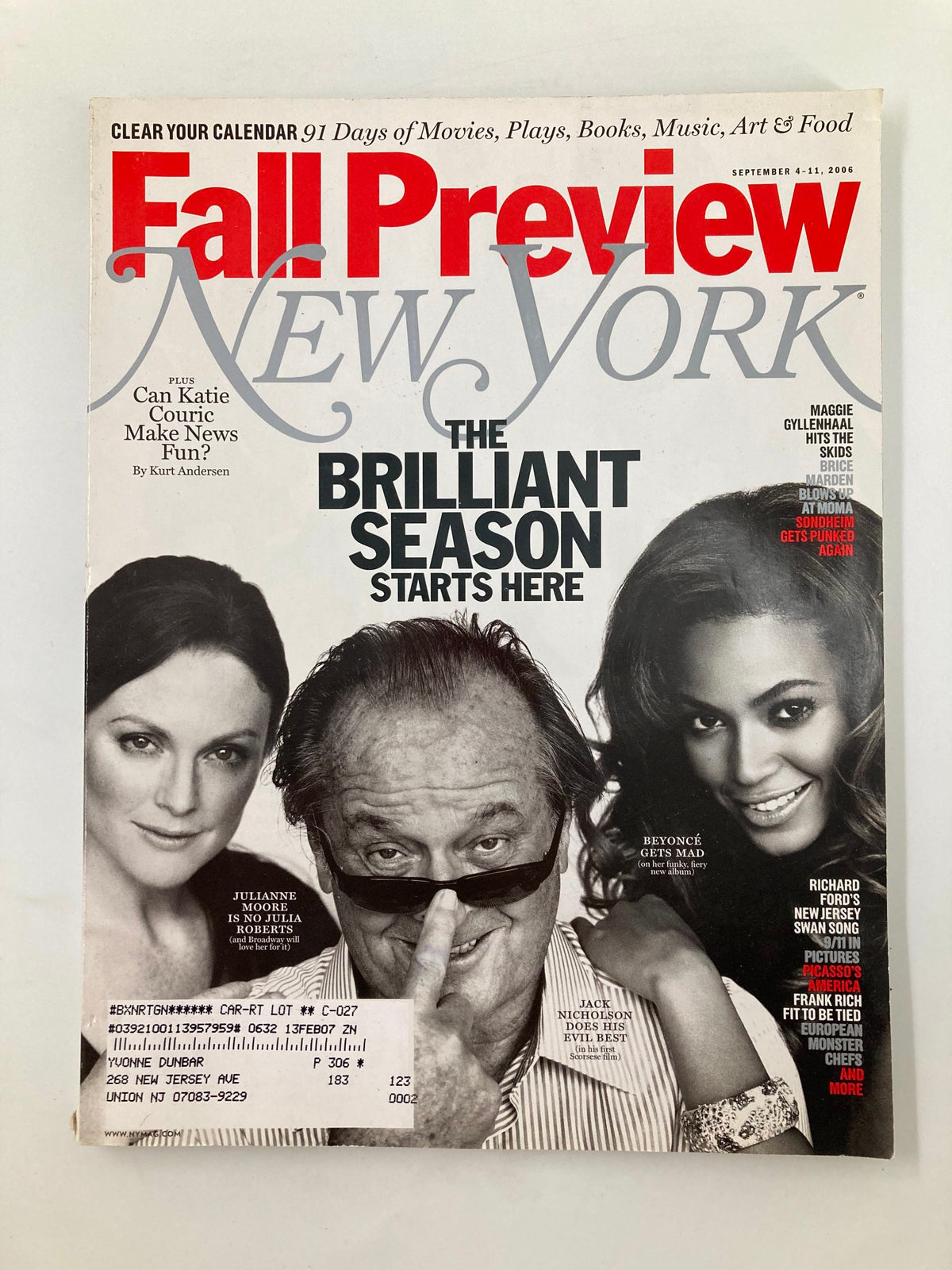 Cover of New York Magazine, September 4, 2006, featuring Julianne Moore, Jack Nicholson, and Beyonce with the headline 'The Brilliant Season Starts Here'.