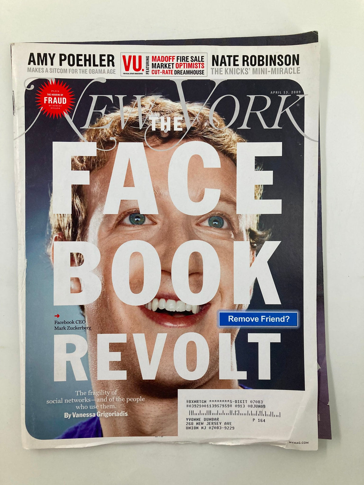 Cover of New York Magazine from April 13, 2009, featuring Facebook CEO Mark Zuckerberg with the headline 'The Facebook Revolt'.