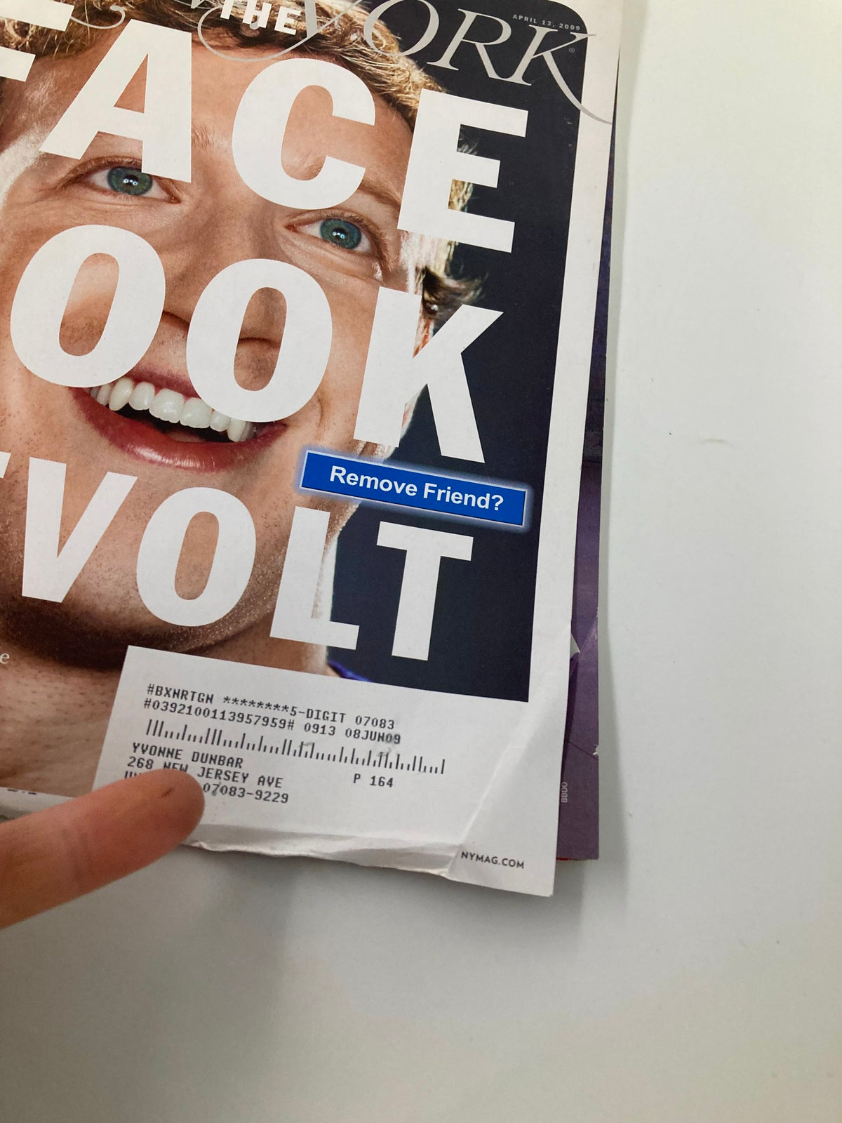 Detailed view of the cover of New York Magazine April 13, 2009, showing social media theme and a text box asking 'Remove Friend?'.