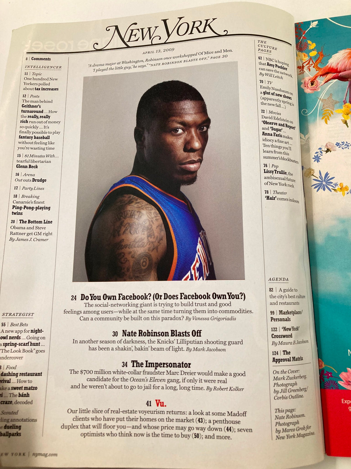 Inside page of New York Magazine April 13, 2009, featuring Nate Robinson and an article discussing social media trends.
