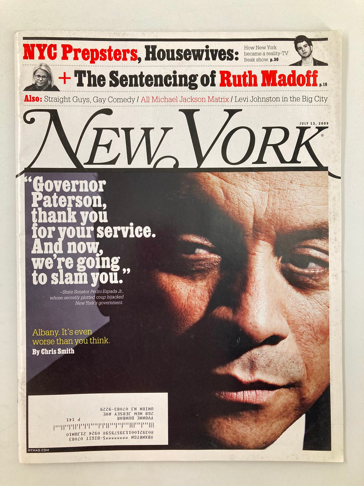 Cover of New York Magazine from July 13, 2009, featuring a close-up portrait of Governor Paterson with the headline thanking him for his service, highlighting the political climate of the time.
