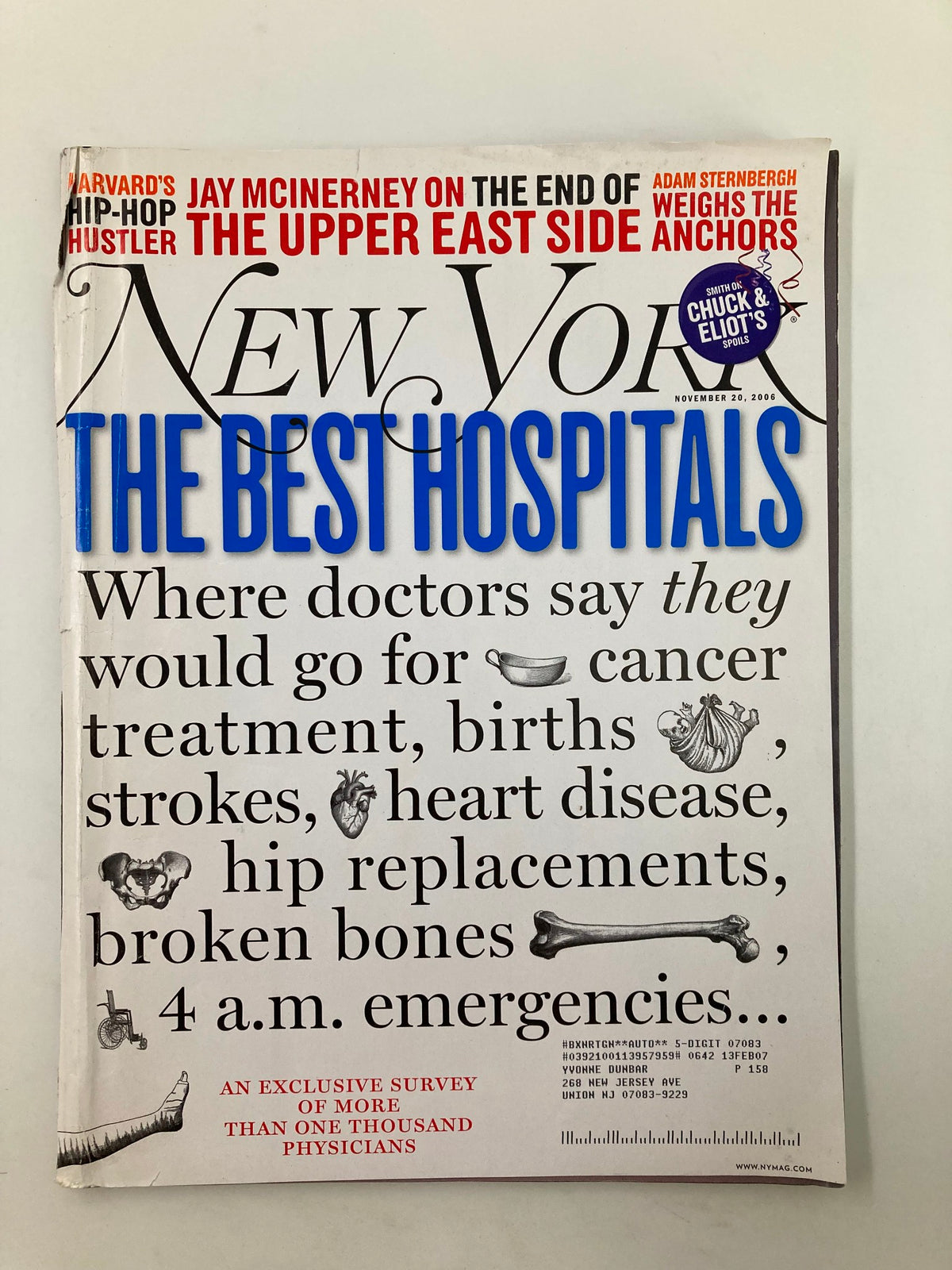 Cover of New York Magazine, November 20, 2006, titled 'The Best Hospitals,' featuring an emphasis on healthcare services for emergencies including phrases like 'Where doctors say they would go for cancer treatment, births, strokes, heart disease, broken bones, 4 a.m. emergencies...'.