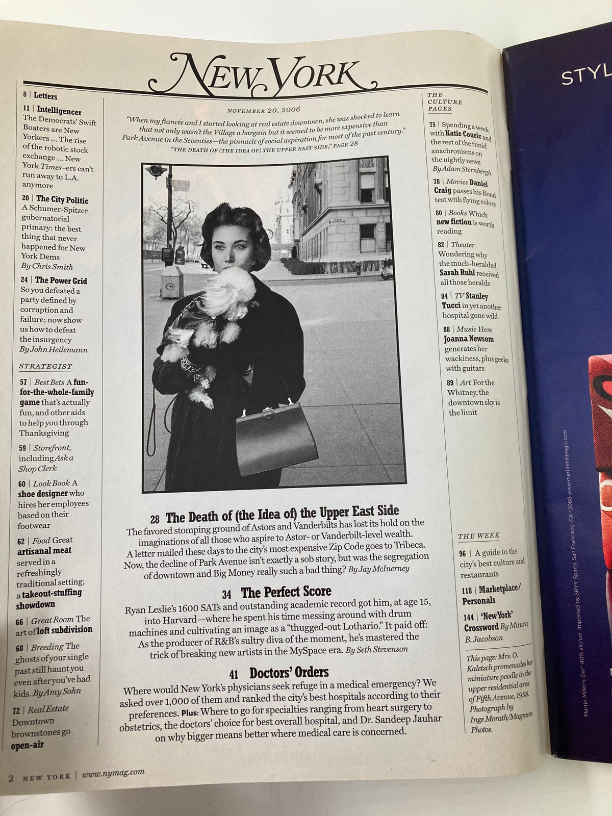 Inside page of New York Magazine November 20 2006 displaying a stylish woman holding a dog, part of an article from the issue themed around healthcare and New York City.