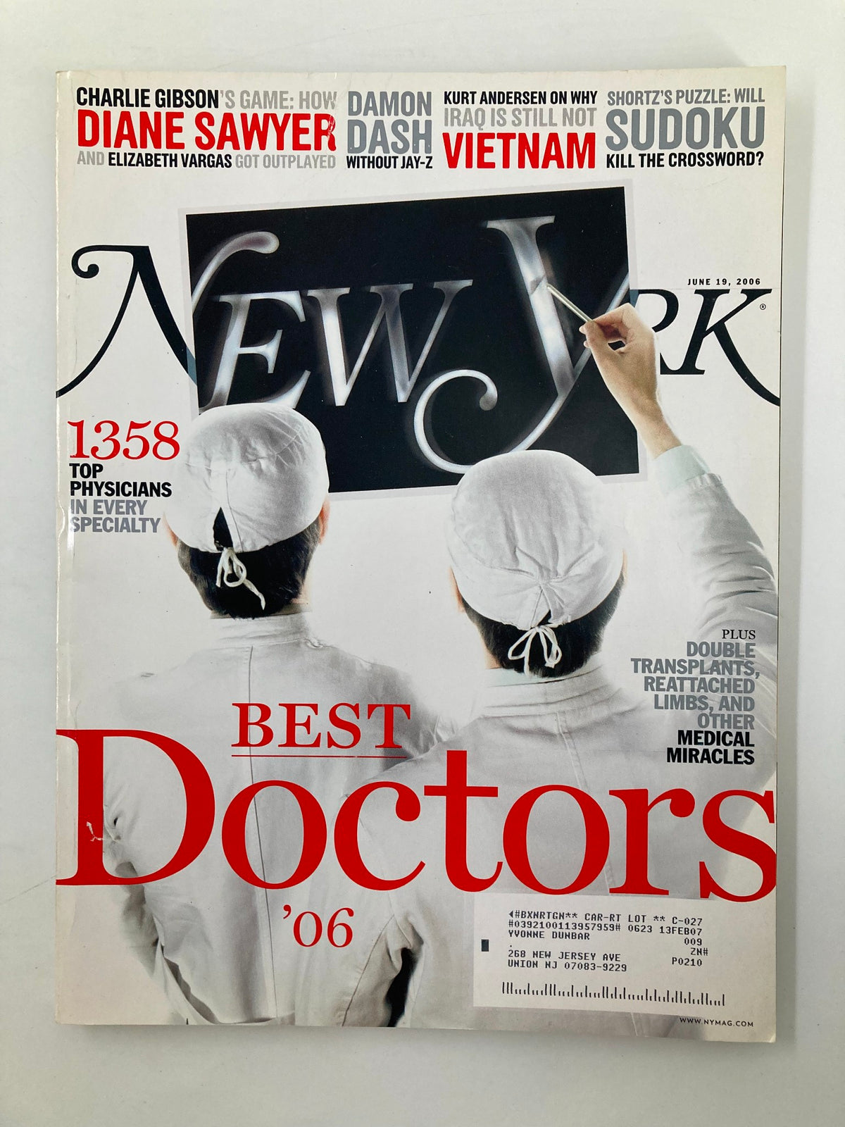 Cover of New York Magazine June 19, 2006, featuring the title 'Best Doctors 2006' and a depiction of two medical professionals in white coats, showcasing '1358 Top Physicians in Every Specialty'.
