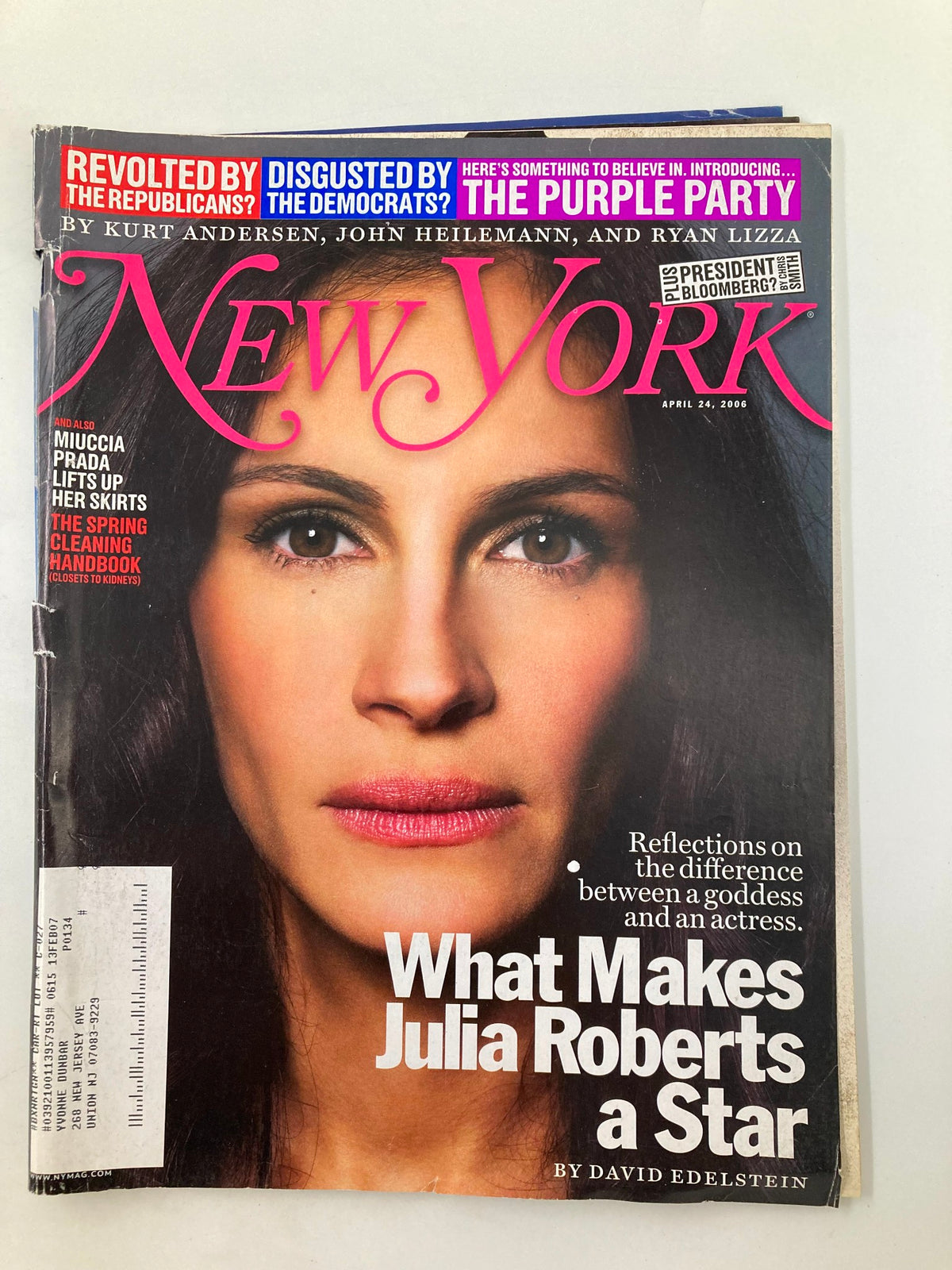 Cover of New York Magazine dated April 24, 2006, featuring the title "What Makes Julia Roberts A Star and A Goddess" and a close-up image of a female face, reflecting on the relationship between a goddess and an actress.
