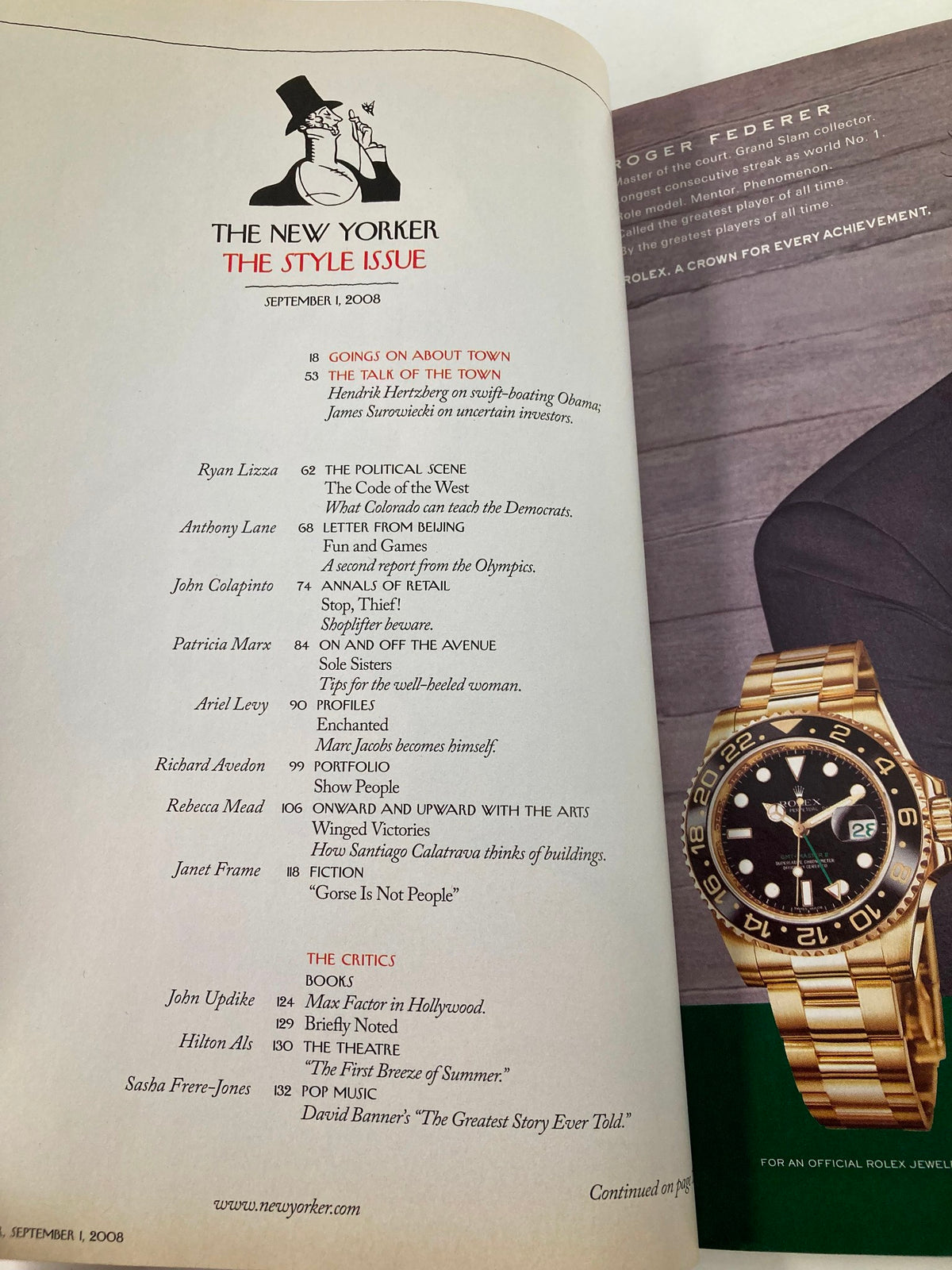 Table of contents page from The New Yorker Full Magazine September 1 2008, highlighting featured articles including 'The Style Issue' and various contributors.