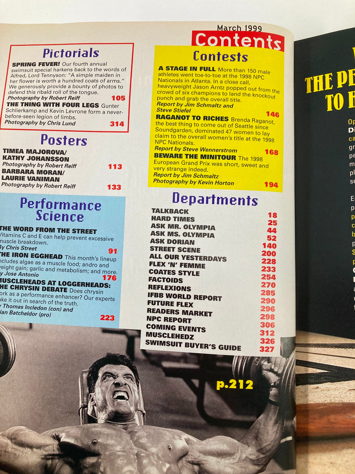 Contents page of Joe Weider's Flex Magazine, March 1999, listing articles about bodybuilding contests, pictorials, and performance science.
