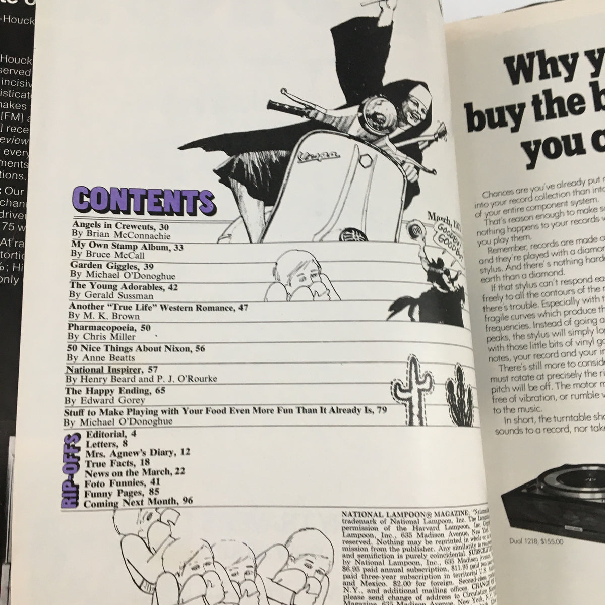 Contents page of National Lampoon Humor Magazine, March 1973, listing articles including 'Another True Life Western Romance' and various humorous sections.