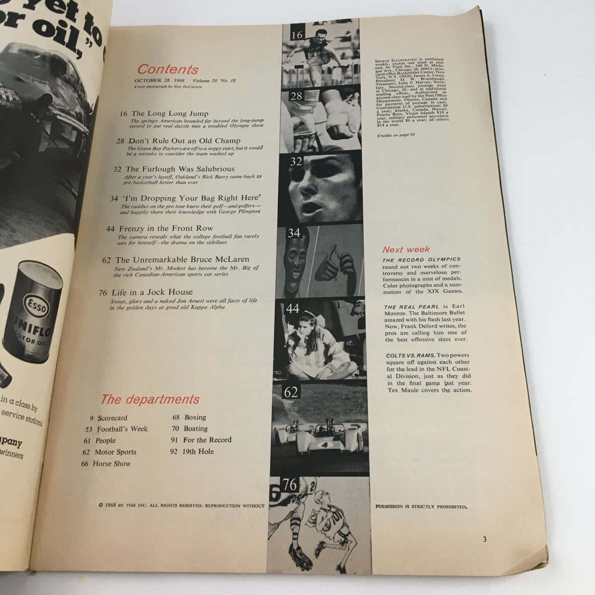 Contents page of Sports Illustrated Magazine from October 28, 1968, featuring articles including 'The Long Long Jump' and 'Frenzy in the Front Row', highlighting notable stories and topics in sports during that era.