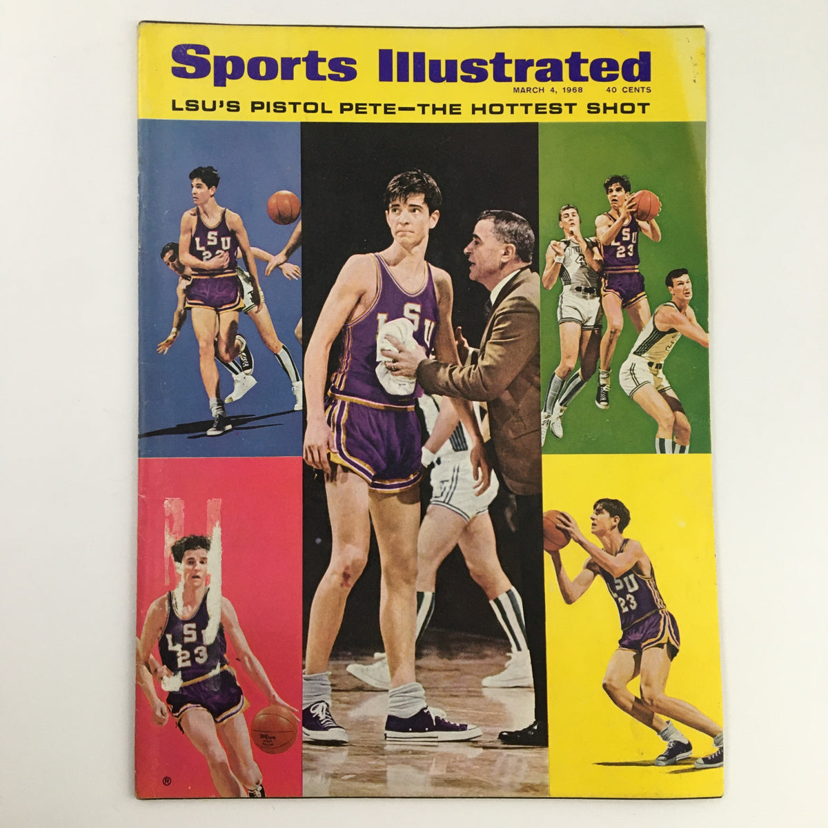 Cover of Sports Illustrated Magazine March 4, 1968, featuring LSU's iconic basketball player Pistol Pete Maravich, showcasing vibrant colors and a collage of basketball action.