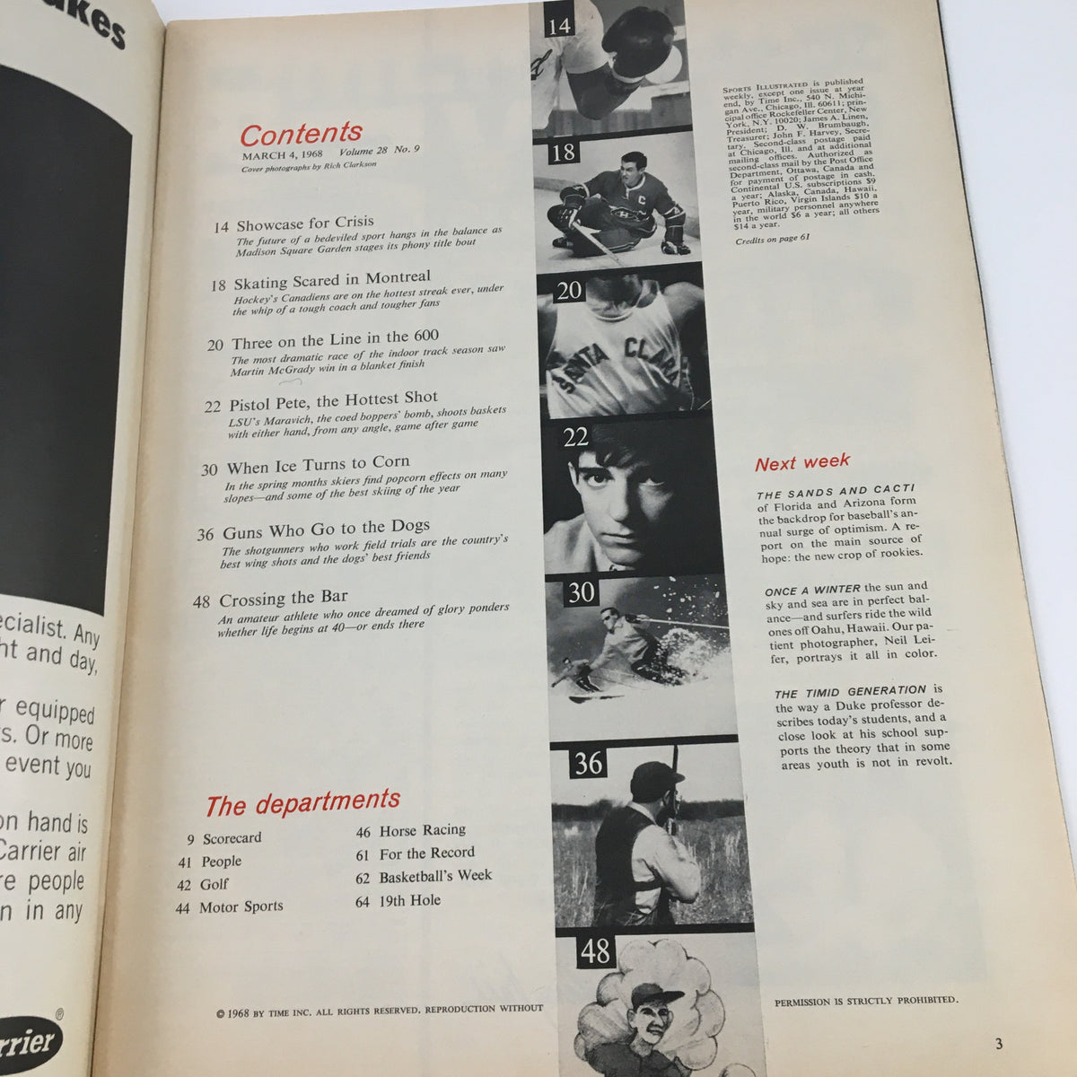 Table of contents page from Sports Illustrated Magazine March 4 1968, listing features such as 'Pistol Pete, the Hottest Shot' and other sports articles.