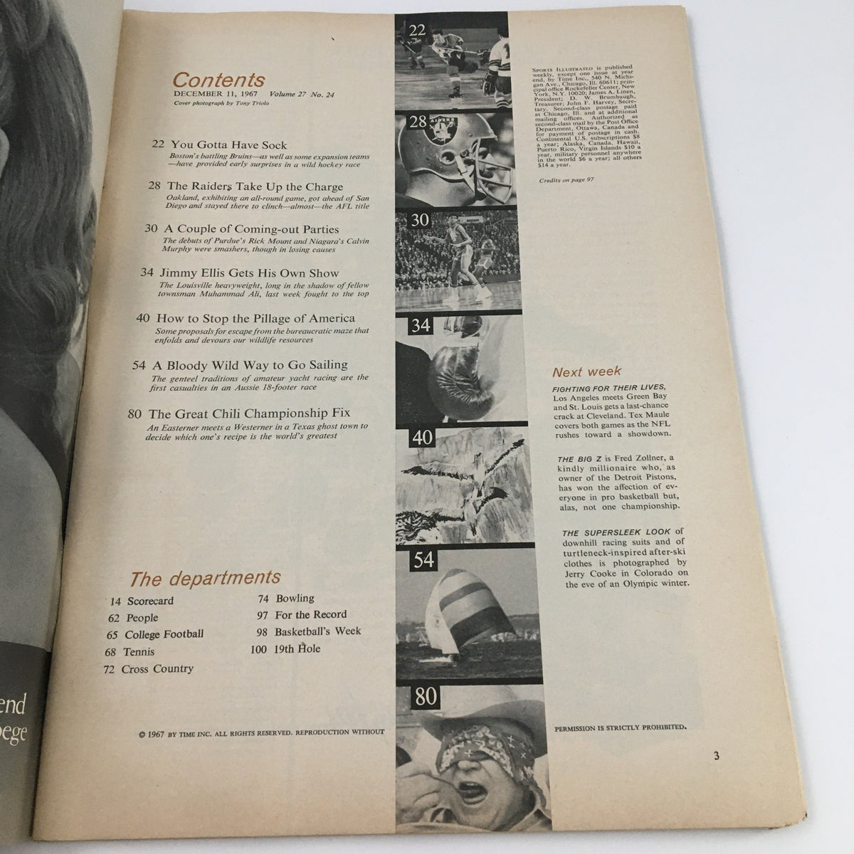 Inside page of Sports Illustrated Magazine from December 11, 1967, displaying the table of contents. The issue includes various sports articles and features, providing insight into that era's sporting events and cultural topics.