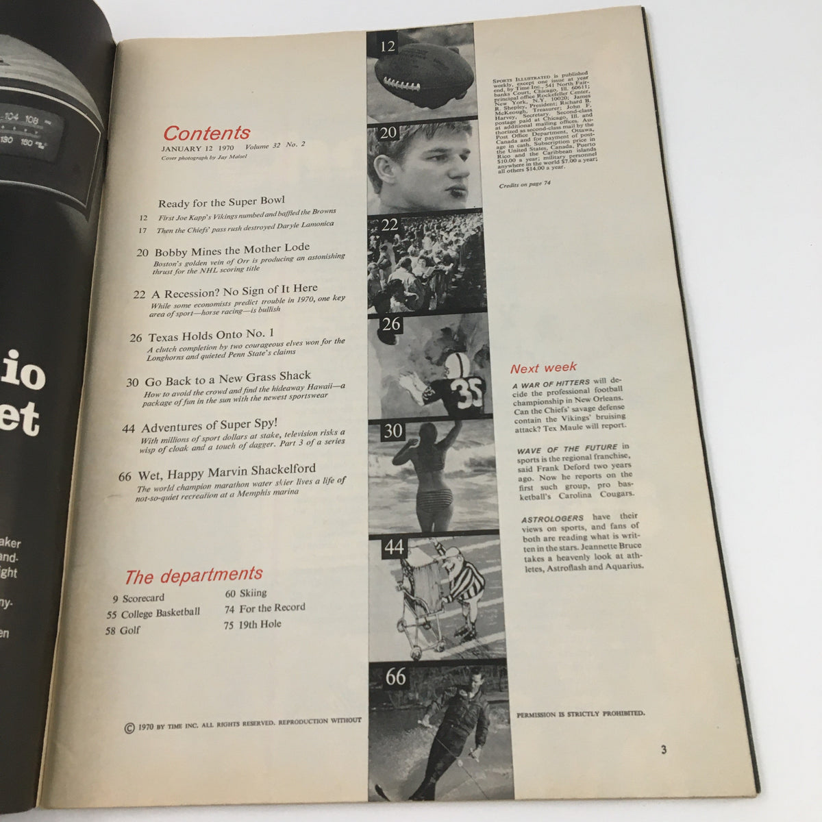Contents page of Sports Illustrated Magazine from January 12, 1970, featuring the article 'Bobby Mines - The Mother Lode', along with an overview of other topics, reflecting the sports journalism of the era.