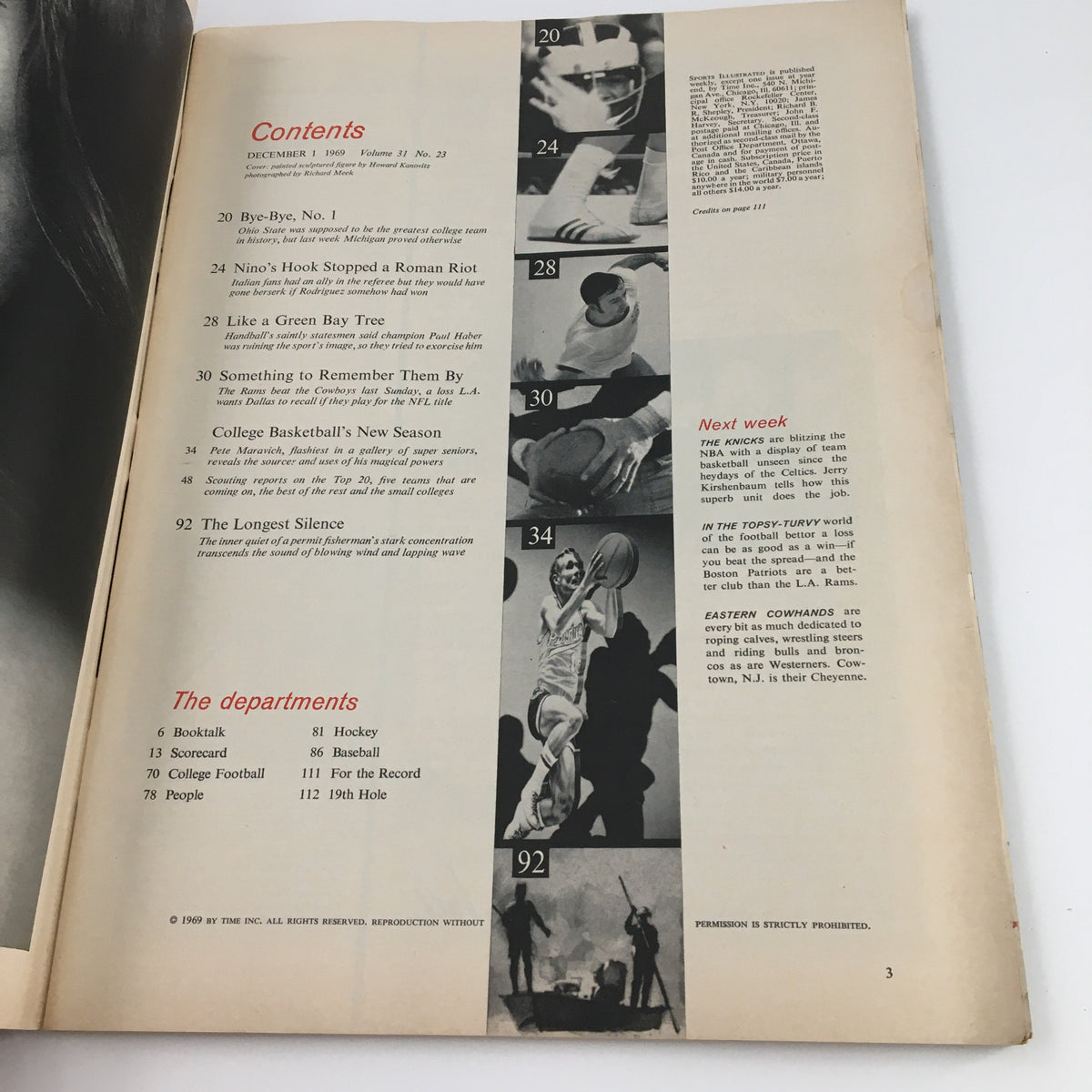 Inside page of Sports Illustrated Magazine December 1 1969 displaying the table of contents, featuring references to articles about college basketball and contributions by Pistol Pete Maravich.
