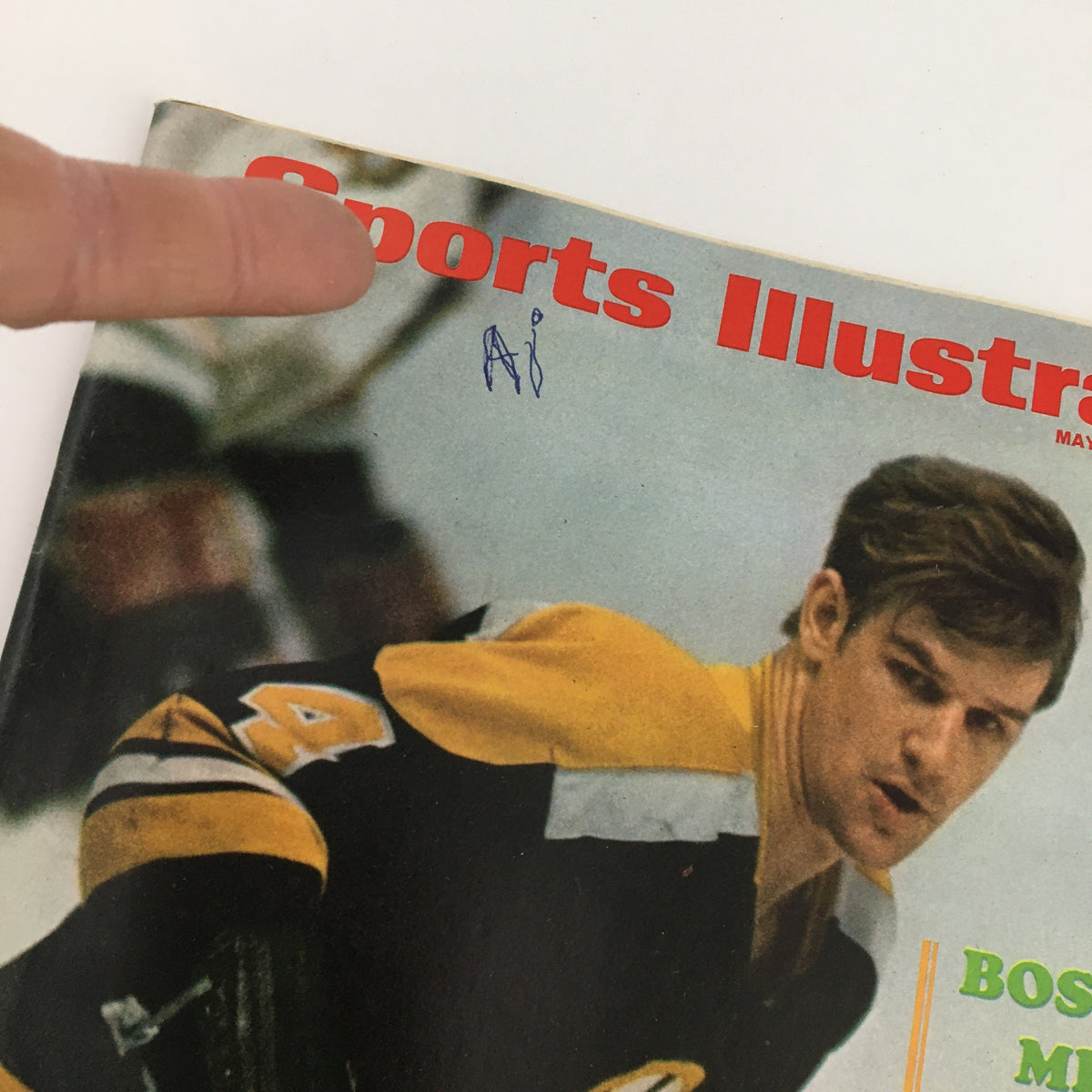 Close-up of the cover of Sports Illustrated Magazine May 4 1970 with Bobby 'Mighty' Orr, highlighting details such as the publication date and the magazine's title.