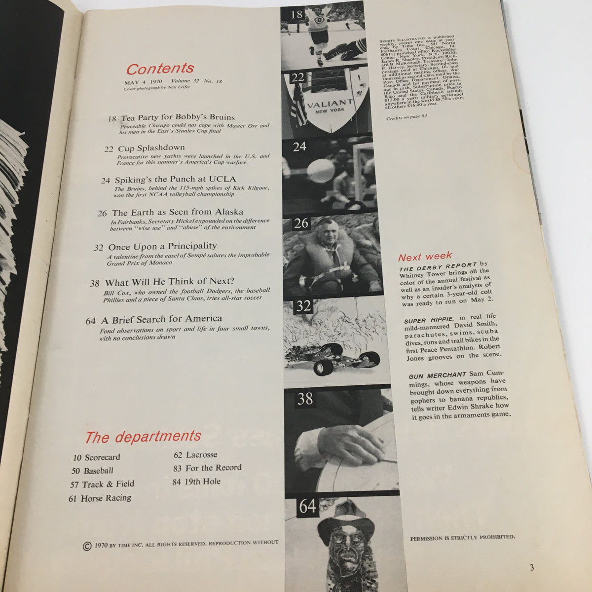 Inside contents page of Sports Illustrated Magazine May 4 1970, listing articles and features related to sports, including Bobby Orr's Bruins.