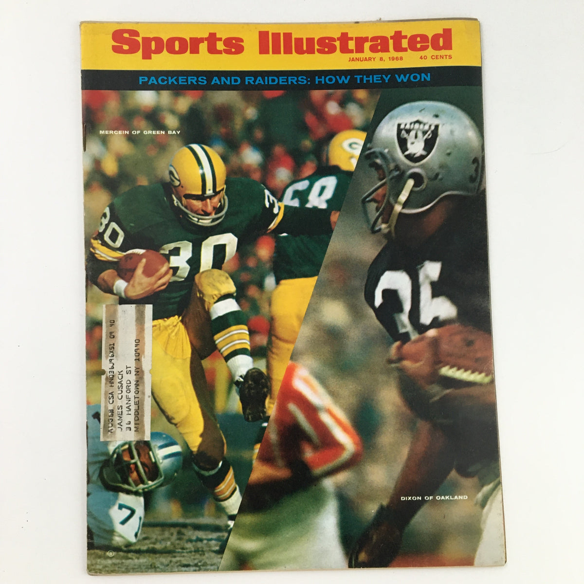 Cover of Sports Illustrated Magazine from January 8, 1968 featuring athletes Chuck Mercein of Green Bay Packers and Hewritt Dixon of Oakland Raiders, highlighting the theme 'Packers and Raiders: How They Won.'