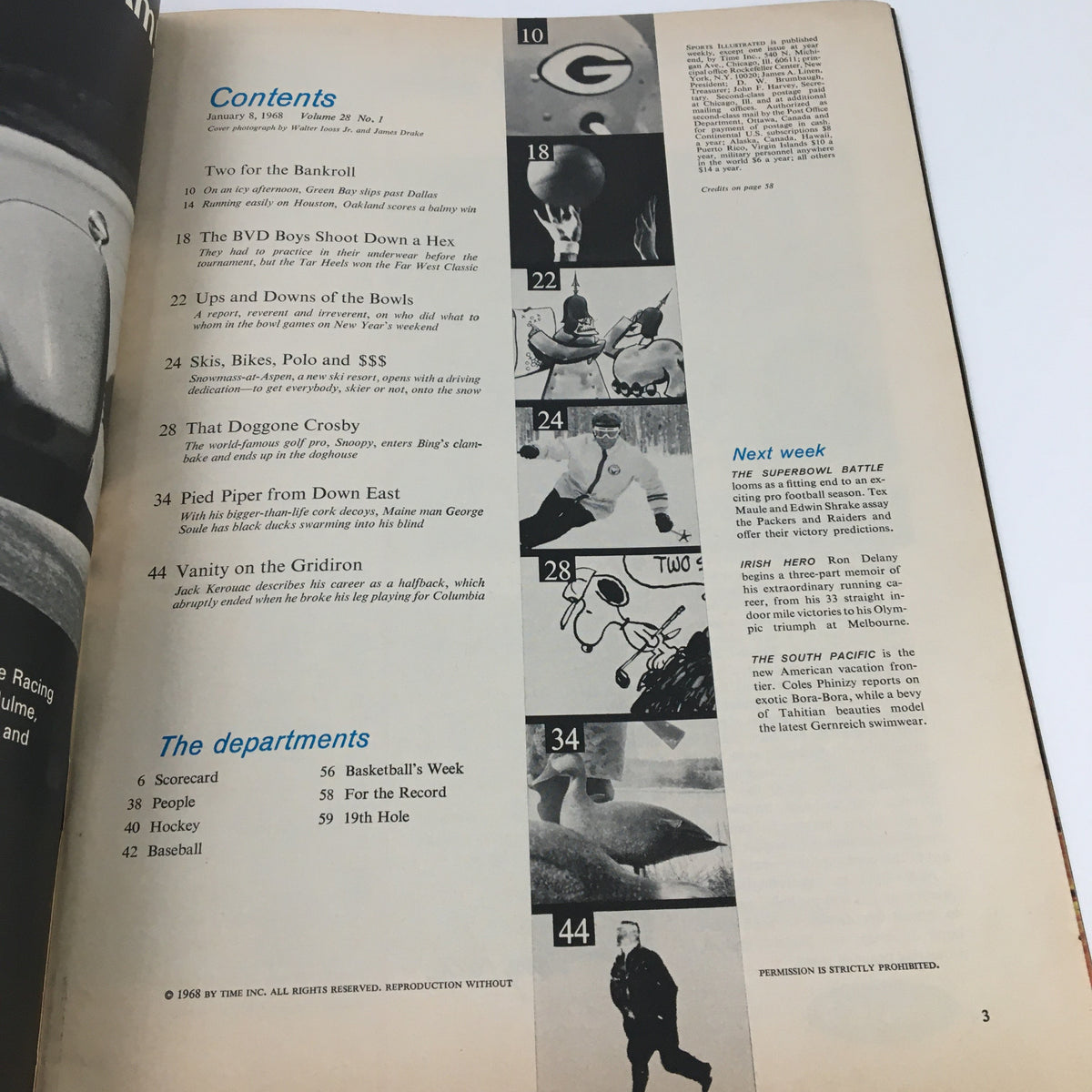 Contents page of Sports Illustrated Magazine from January 8, 1968, featuring notable articles on sports including 'Two for the Bankroll' and 'Vanity on the Gridiron,' highlighting the issue with Chuck Mercein and Hewritt Dixon.