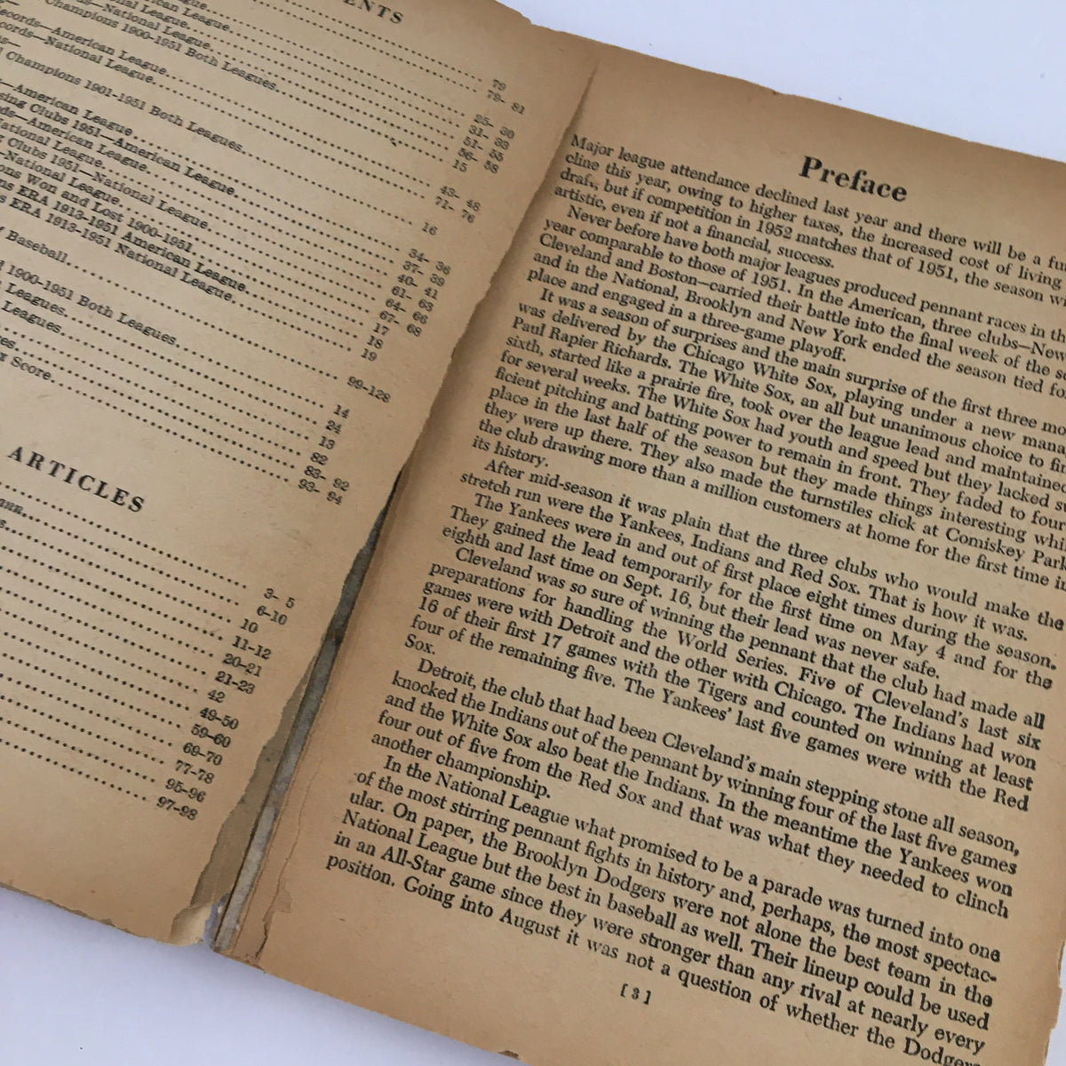 Inside page of the 1952 Major League Baseball Official Rules & Stories, displaying the preface section with noticeable aging and wear.