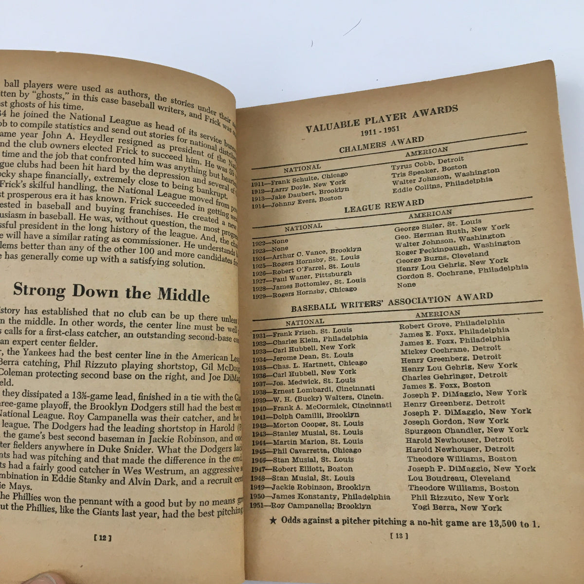 Page from the 1952 Major League Baseball Official Rules & Stories listing valuable player awards for the 1951 season, showcasing historical content.